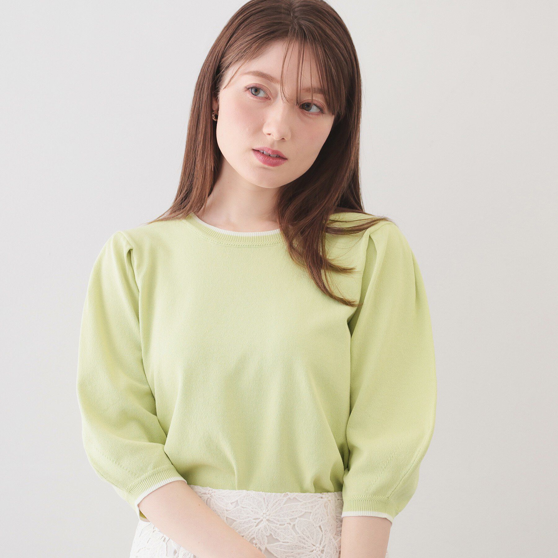 index「6分袖タックスリーブニット【洗濯機OK/UVケア】《XS～LL/9col》」|ニット・セーター|ライトグリーン(52