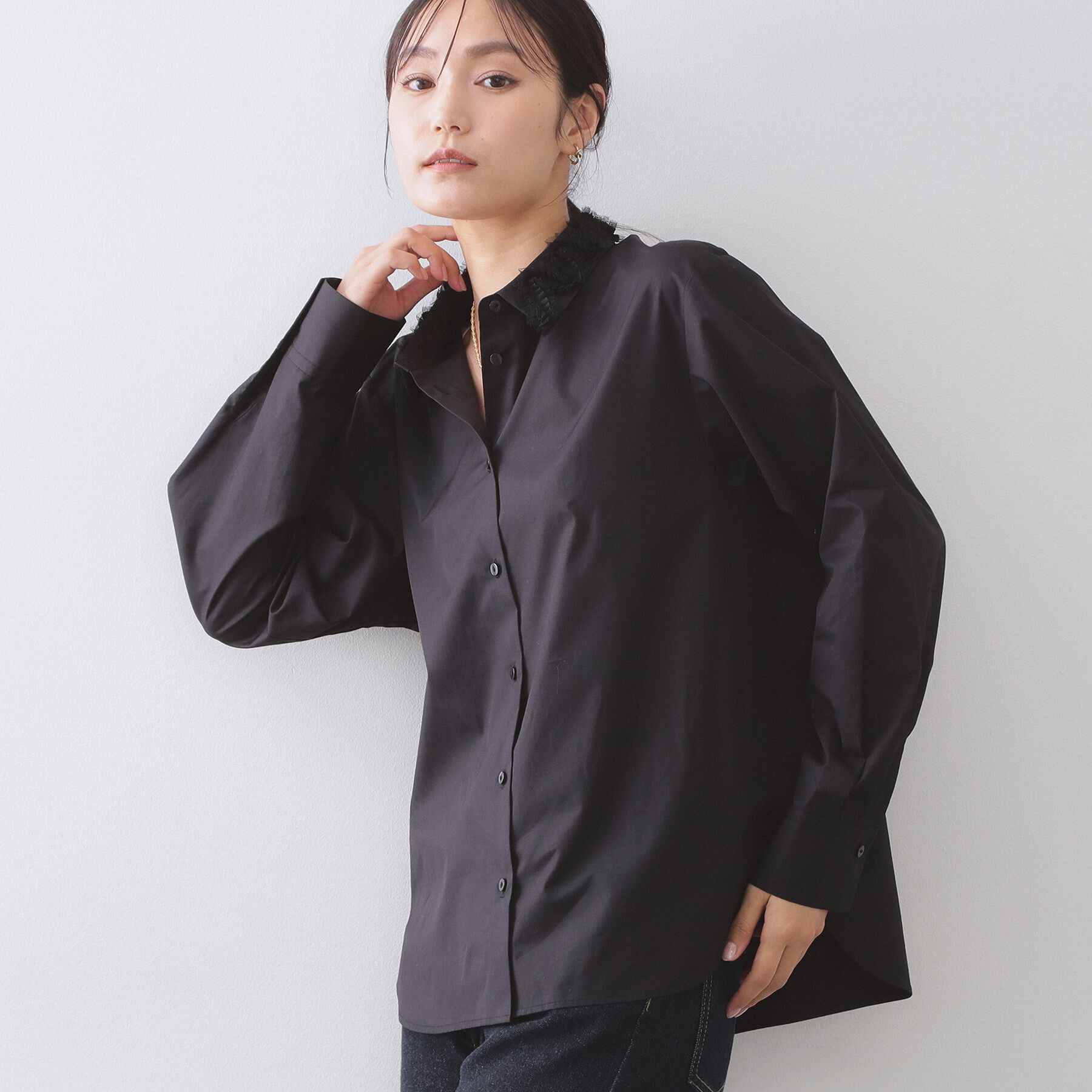 OPAQUE.CLIP「襟チュールシャツ【洗濯機OK】」|シャツ・ブラウス|ブラック(019)