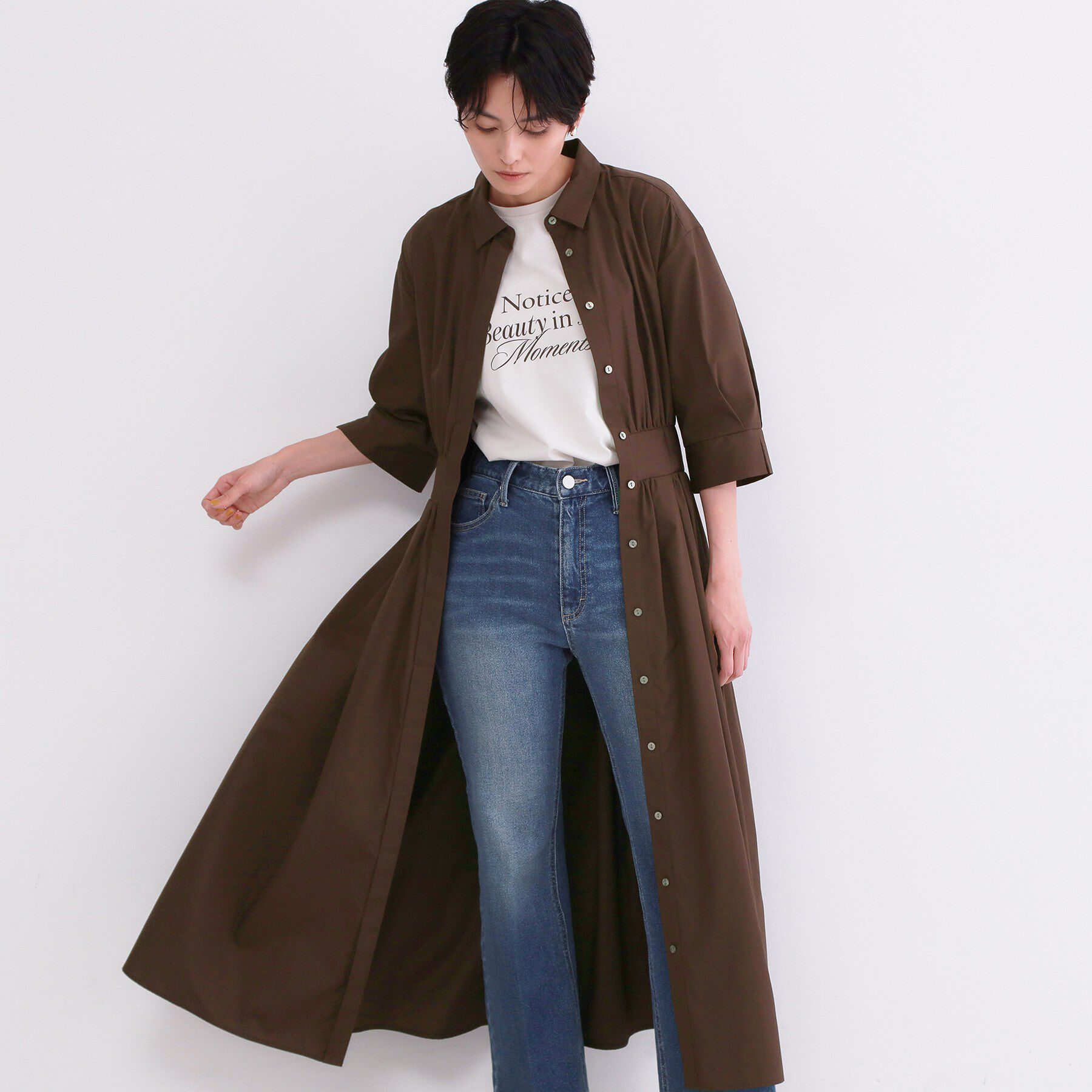 OPAQUE.CLIP「サッシュリボンベルト付きフレアシャツワンピース【洗濯機OK/防シワ加工】」|ワンピース|ブラウン(044)