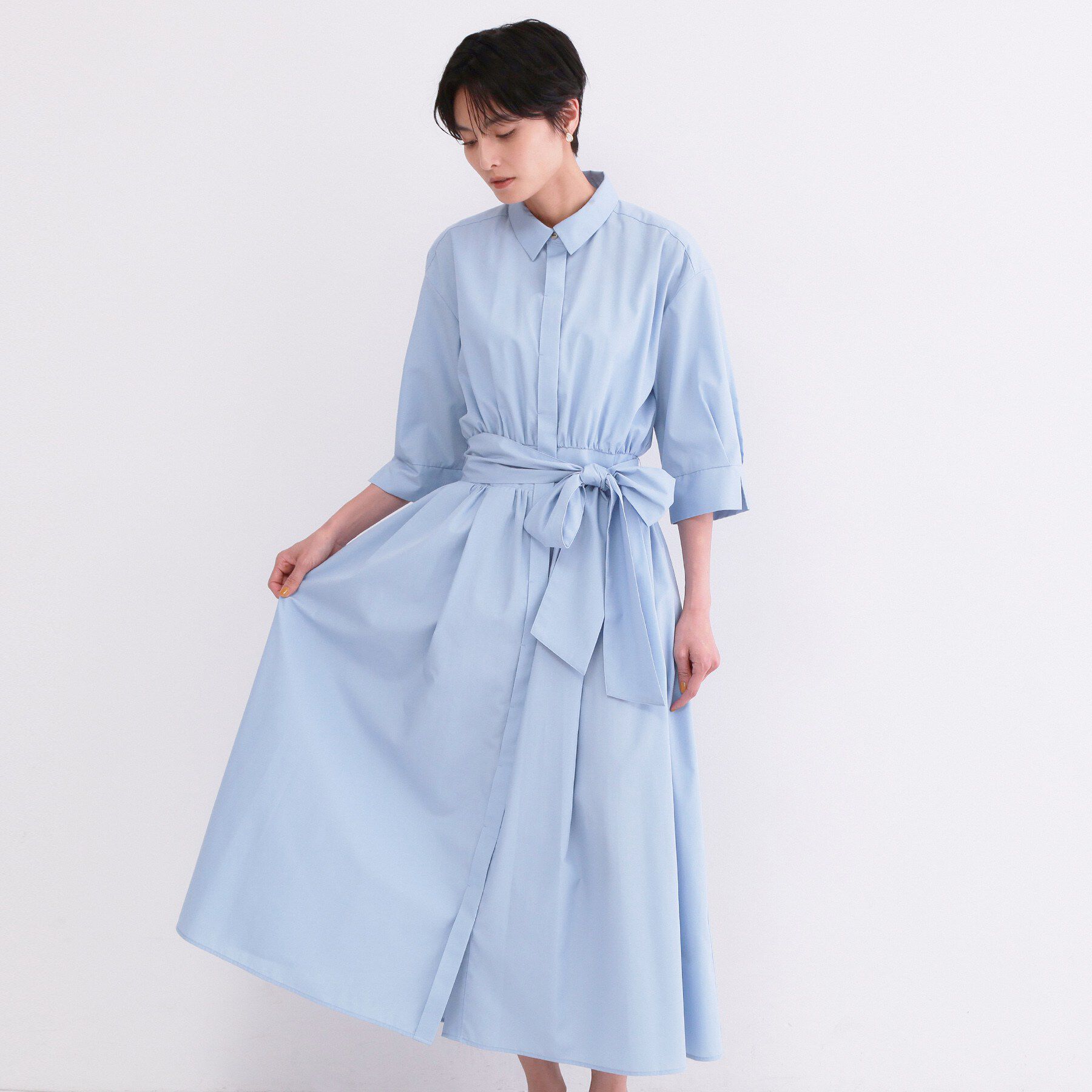 OPAQUE.CLIP「サッシュリボンベルト付きフレアシャツワンピース【洗濯機OK/防シワ加工】」|ワンピース|