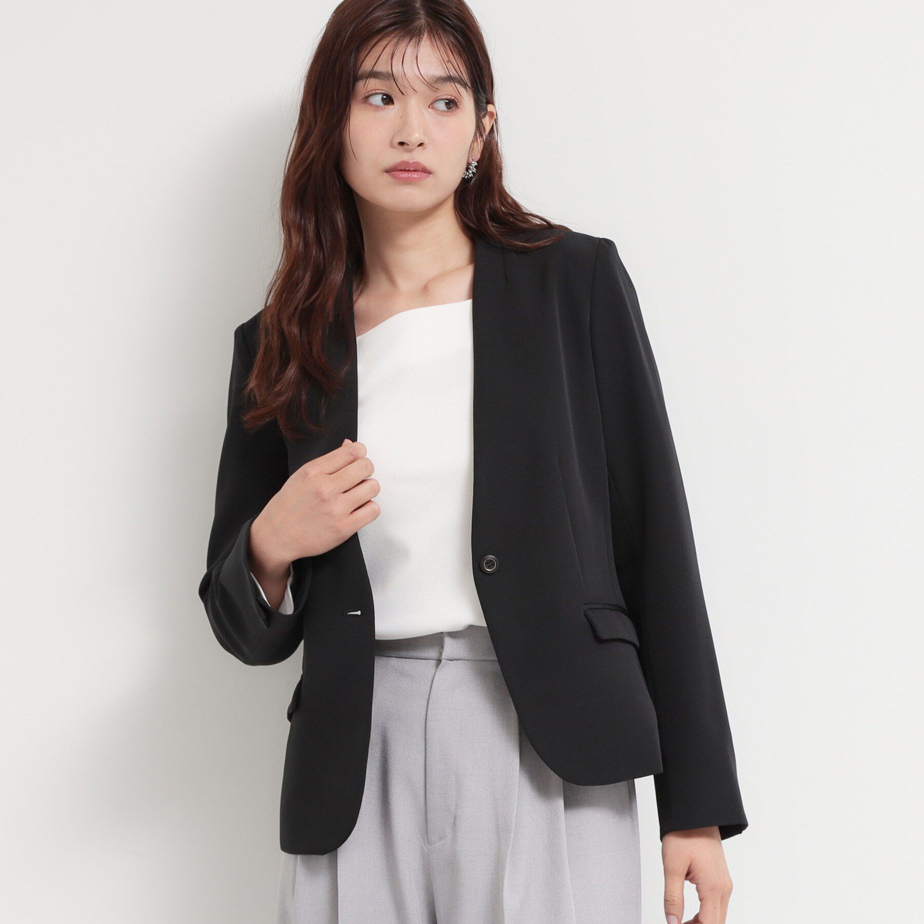 THE SHOP TK「【通勤・セレモニー】ダブルクロス ノーカラージャケット/セットアップ可」|ノーカラージャケット|ブラック(719)