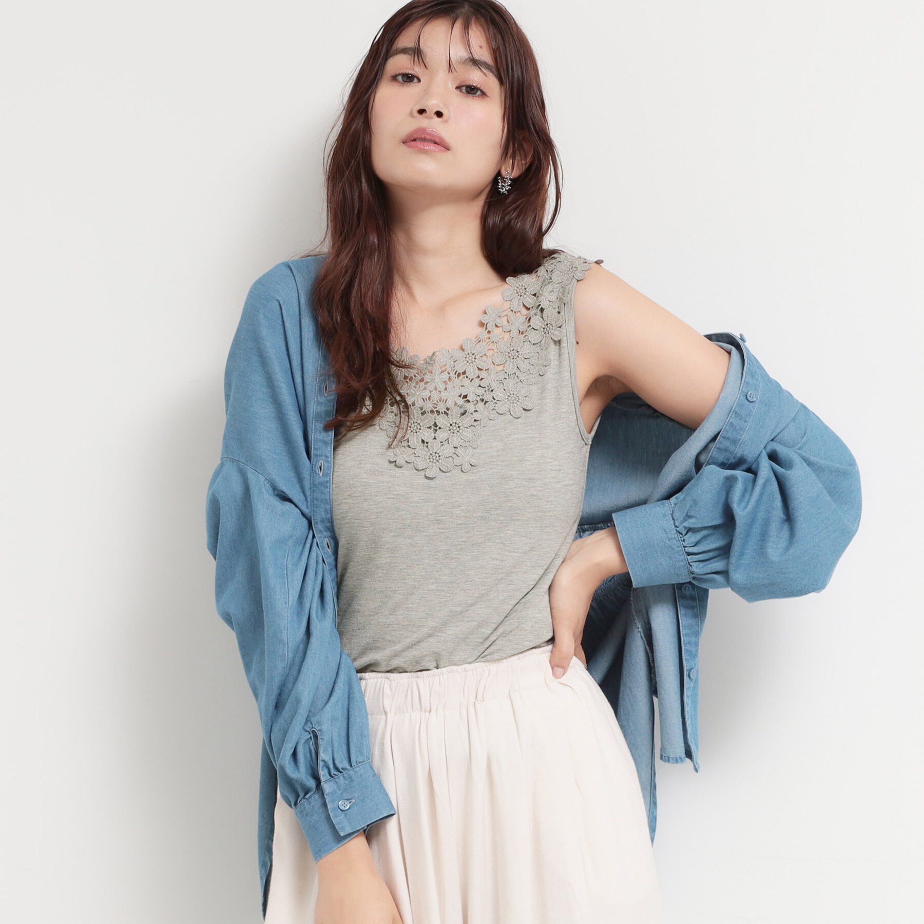 THE SHOP TK「モチーフレースタンク」|キャミソール|グレー(012)