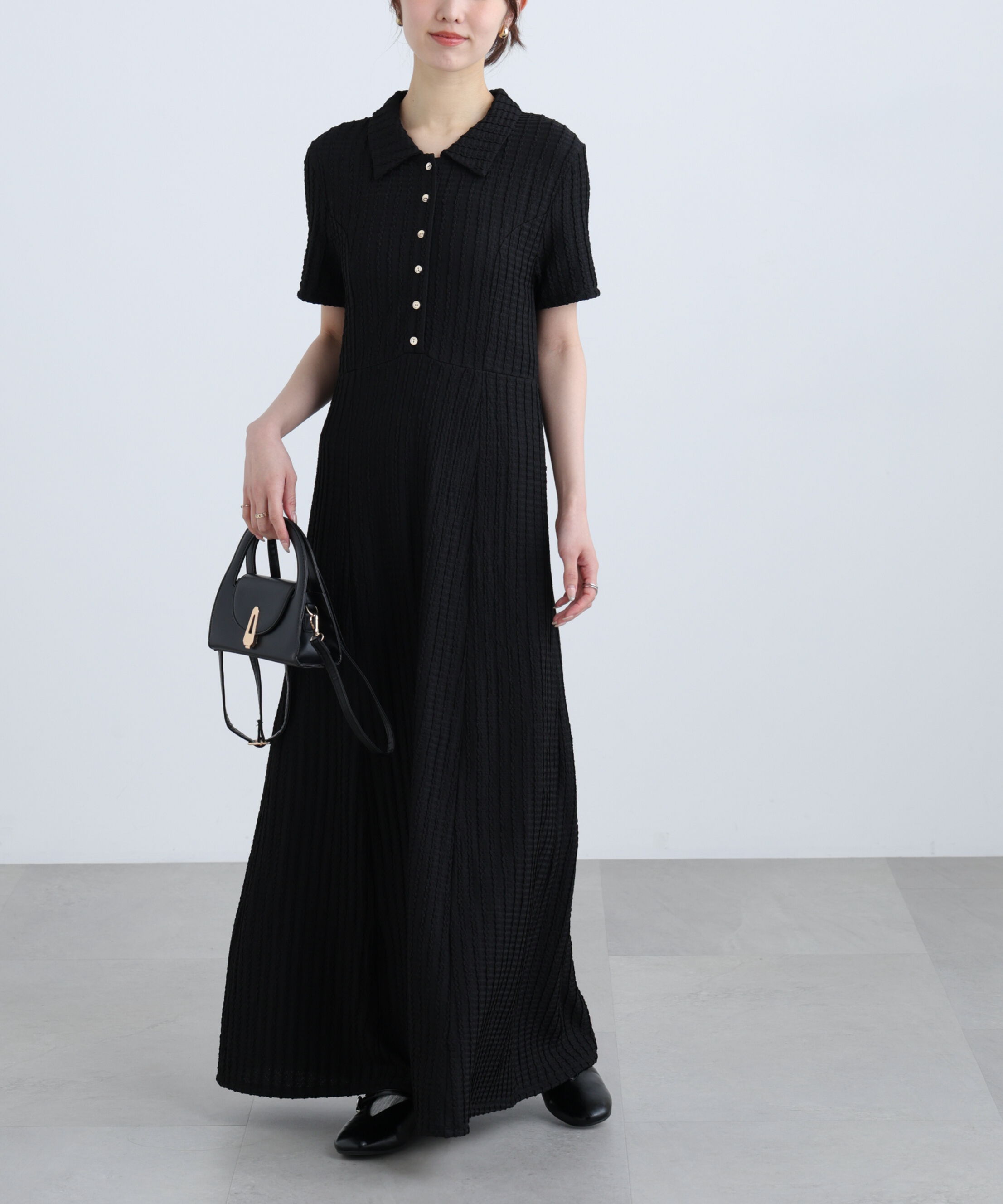  「金ボタンカットジャガードポロワンピース」|ワンピース|ブラック