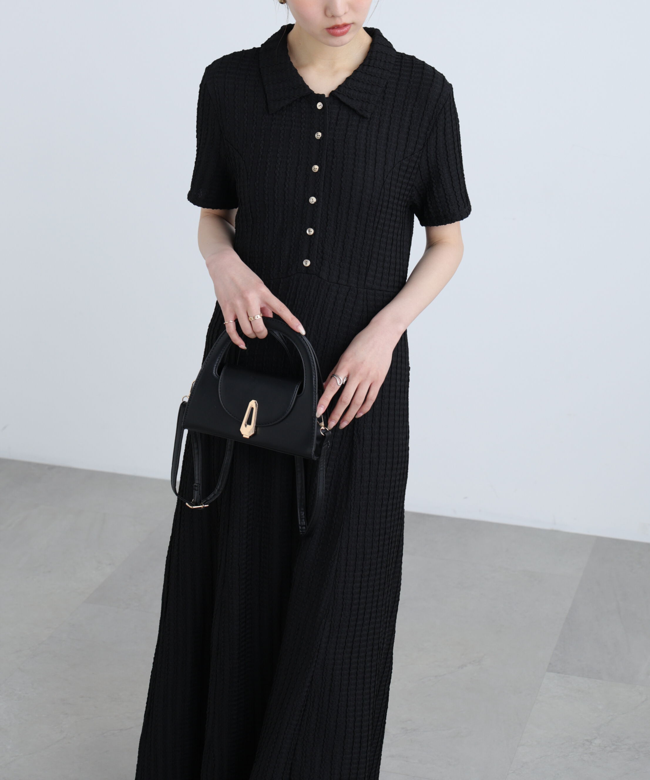  「金ボタンカットジャガードポロワンピース」|ワンピース|