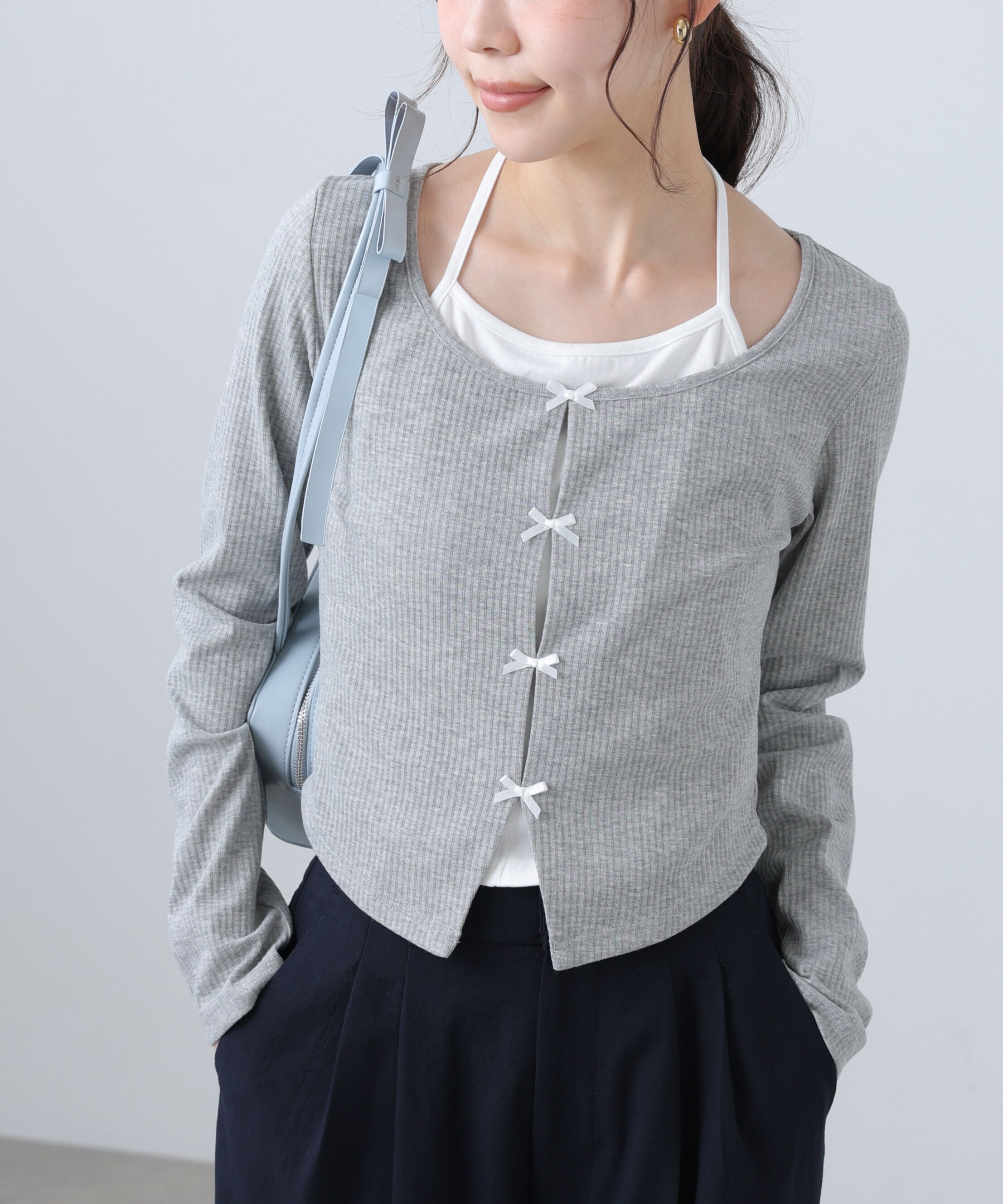  「レイヤード風リブリボンカットソー」|Tシャツ・カットソー|グレー