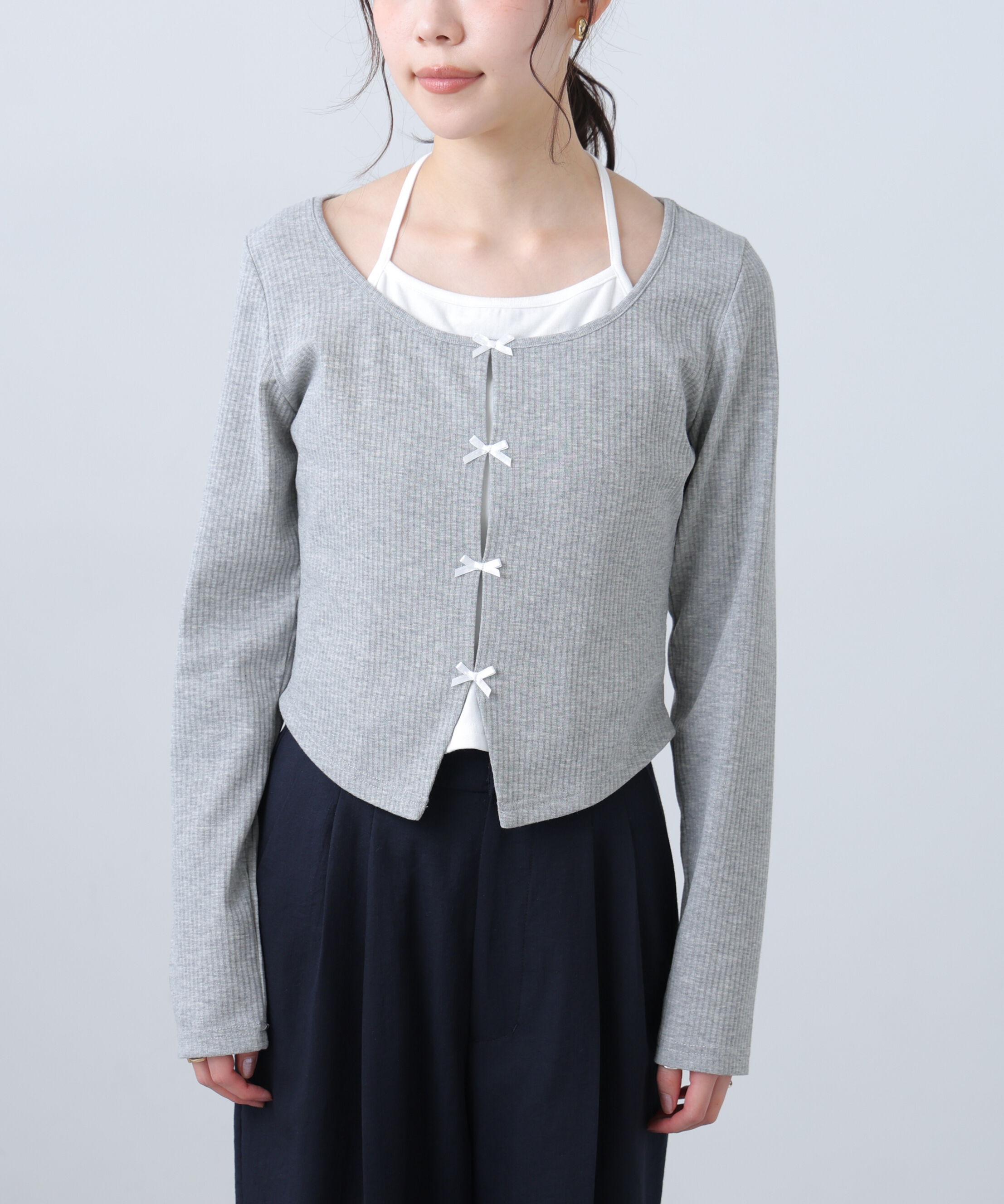  「レイヤード風リブリボンカットソー」|Tシャツ・カットソー|