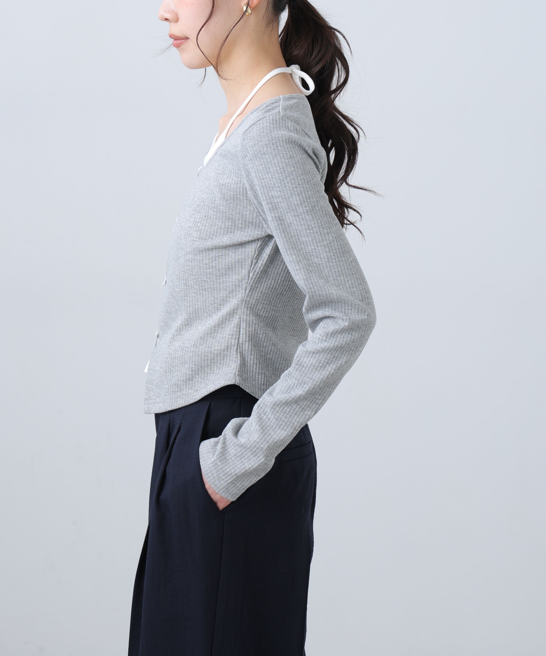  「レイヤード風リブリボンカットソー」|Tシャツ・カットソー|