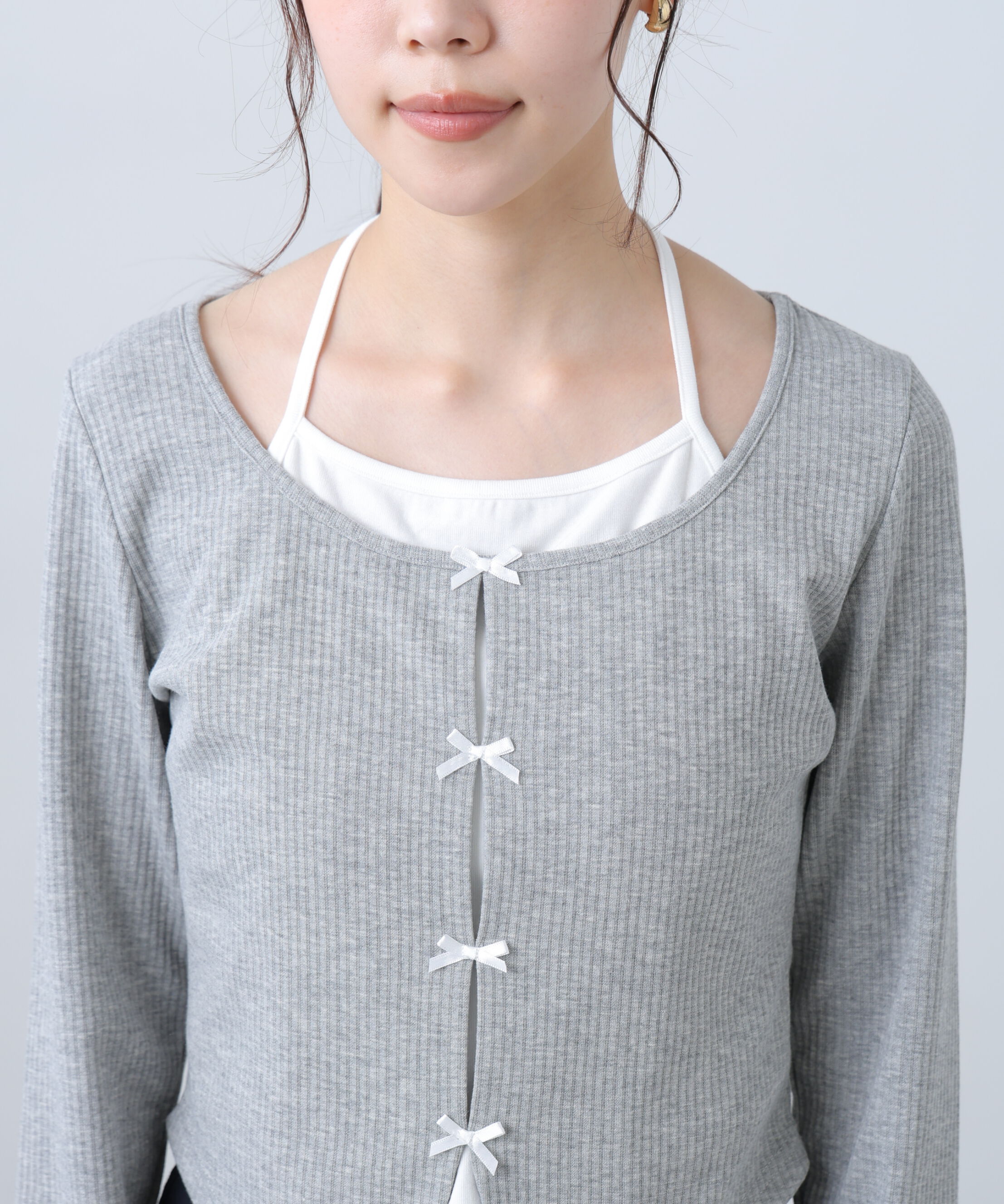  「レイヤード風リブリボンカットソー」|Tシャツ・カットソー|