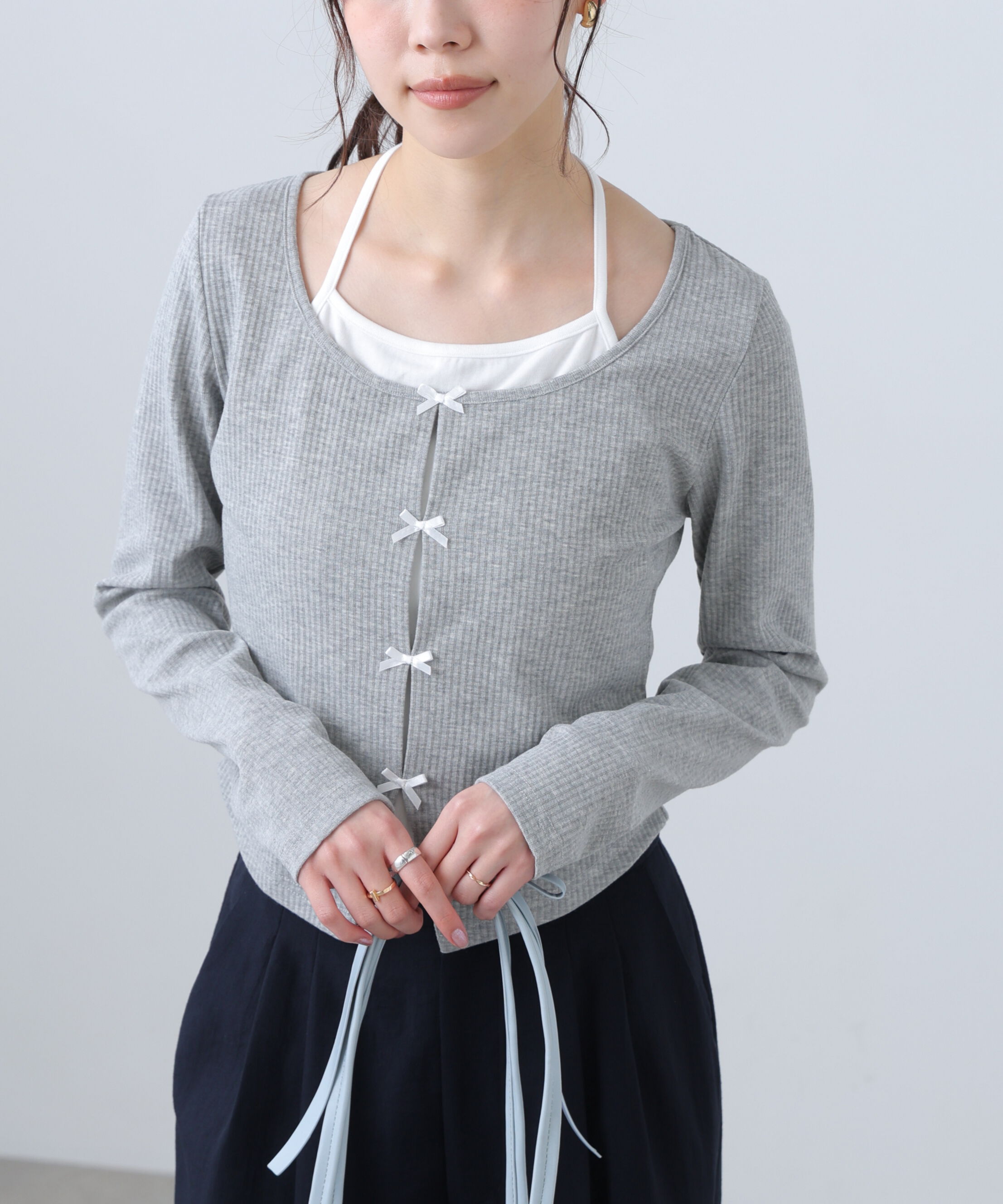  「レイヤード風リブリボンカットソー」|Tシャツ・カットソー|