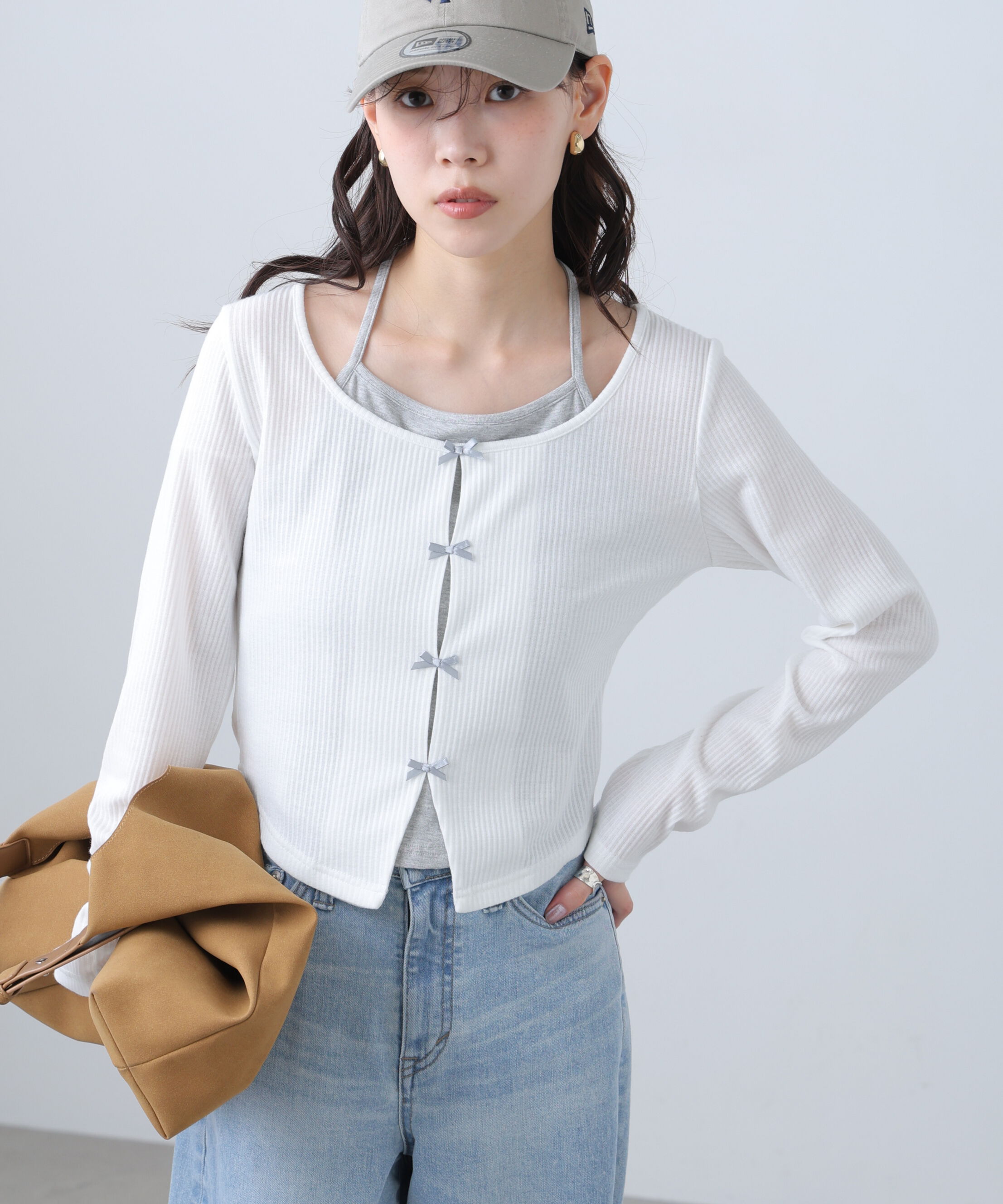  「レイヤード風リブリボンカットソー」|Tシャツ・カットソー|