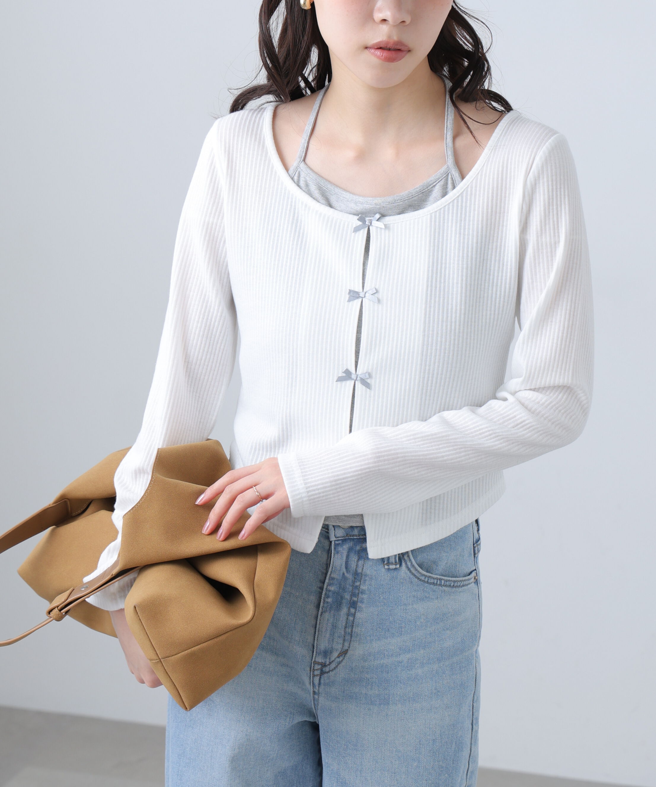  「レイヤード風リブリボンカットソー」|Tシャツ・カットソー|