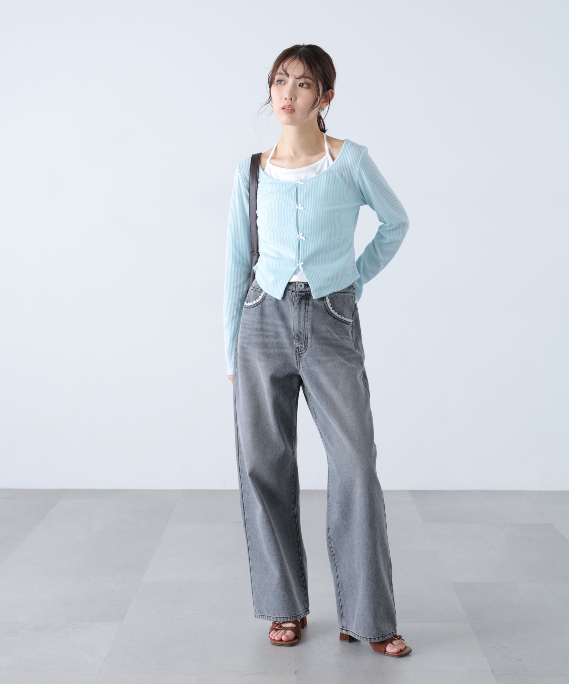  「レイヤード風リブリボンカットソー」|Tシャツ・カットソー|