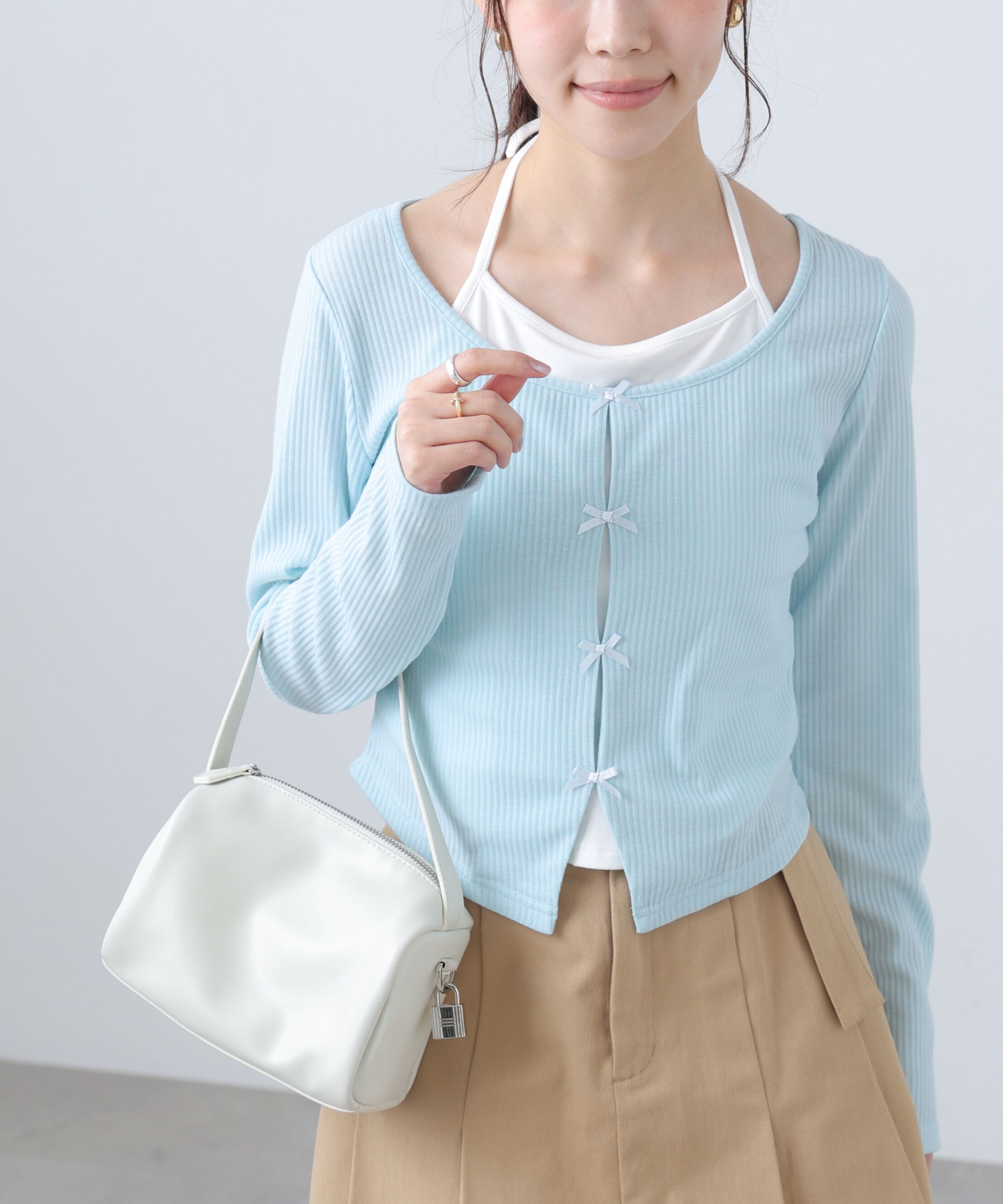  「レイヤード風リブリボンカットソー」|Tシャツ・カットソー|