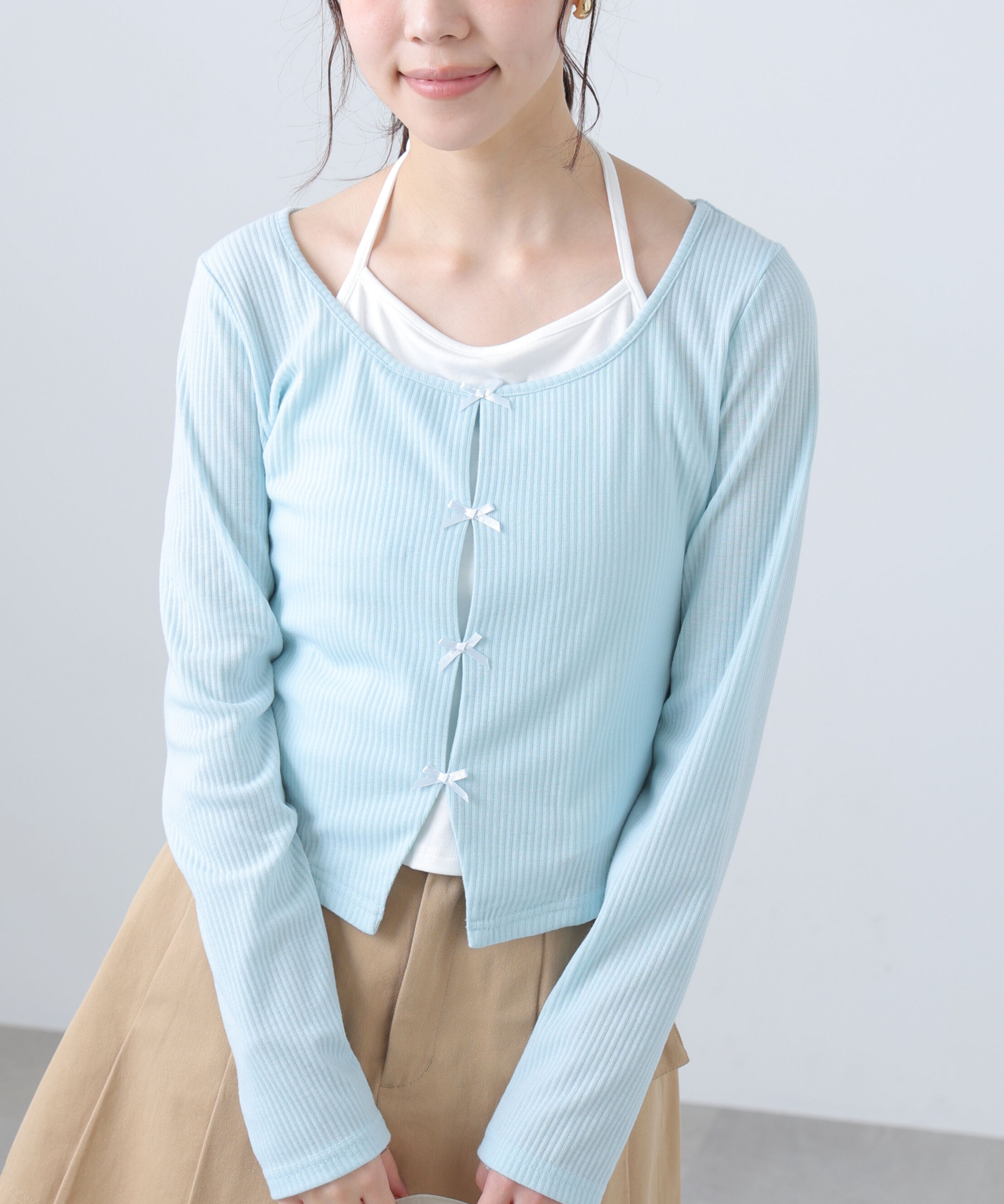  「レイヤード風リブリボンカットソー」|Tシャツ・カットソー|