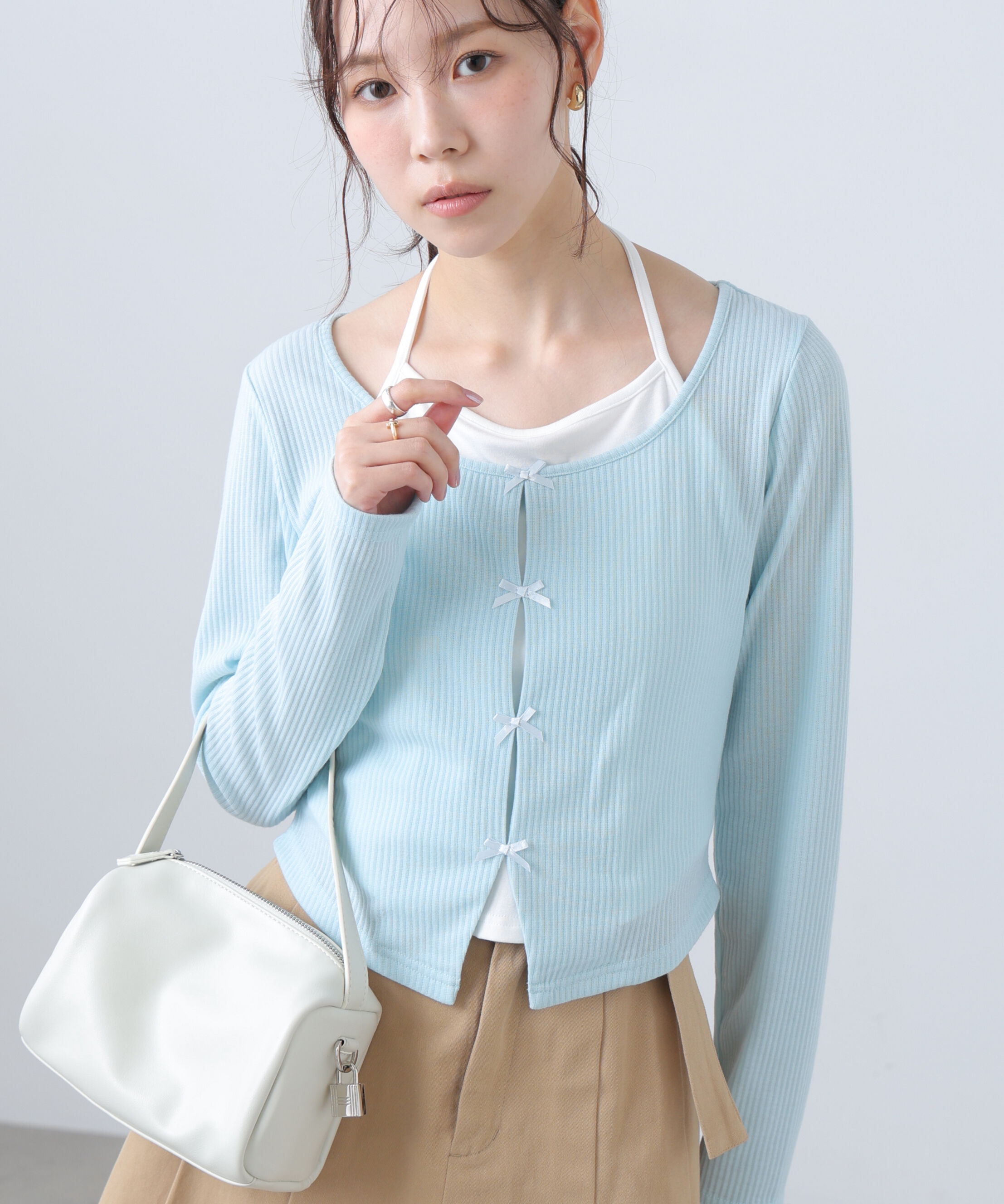  「レイヤード風リブリボンカットソー」|Tシャツ・カットソー|