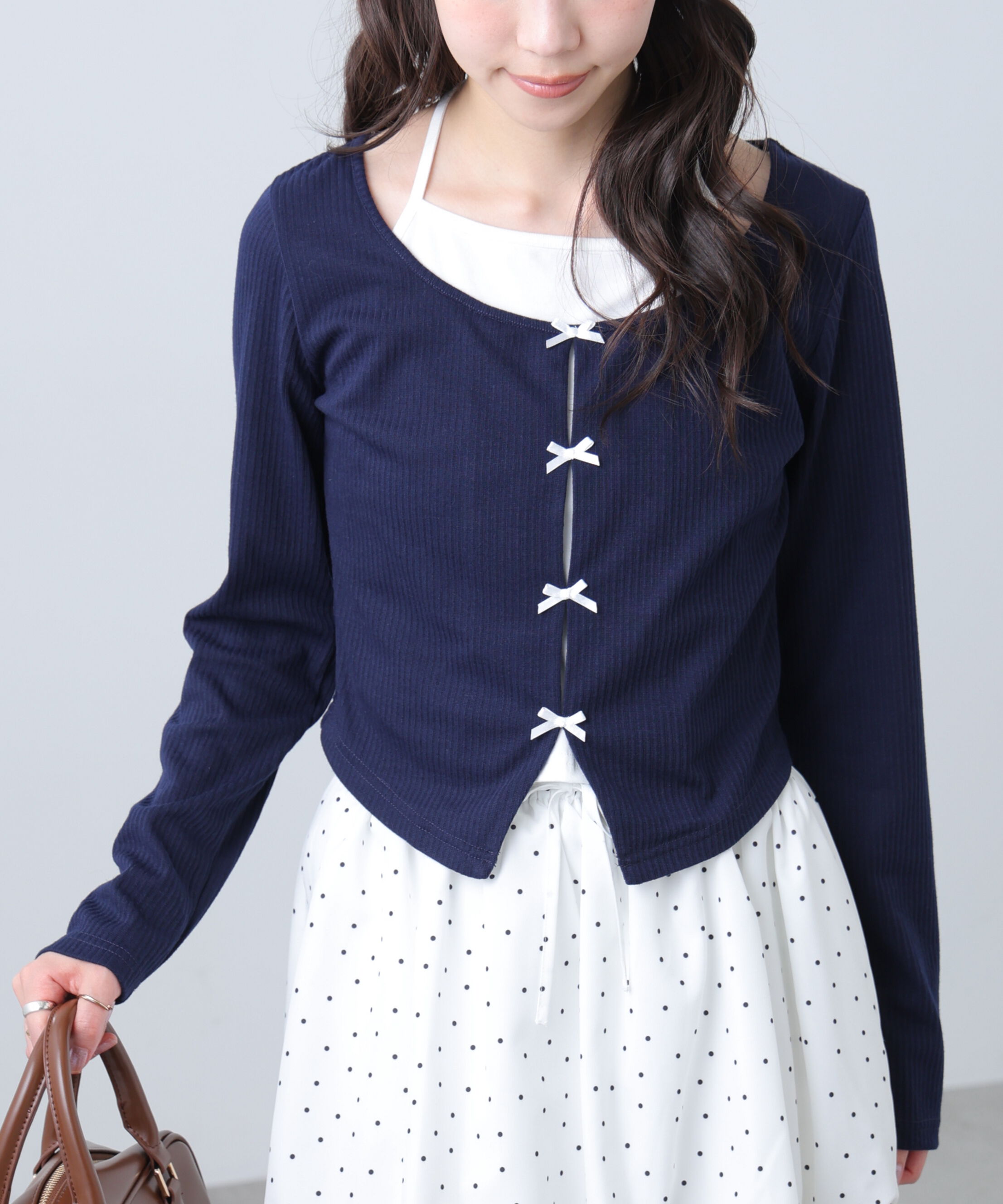  「レイヤード風リブリボンカットソー」|Tシャツ・カットソー|