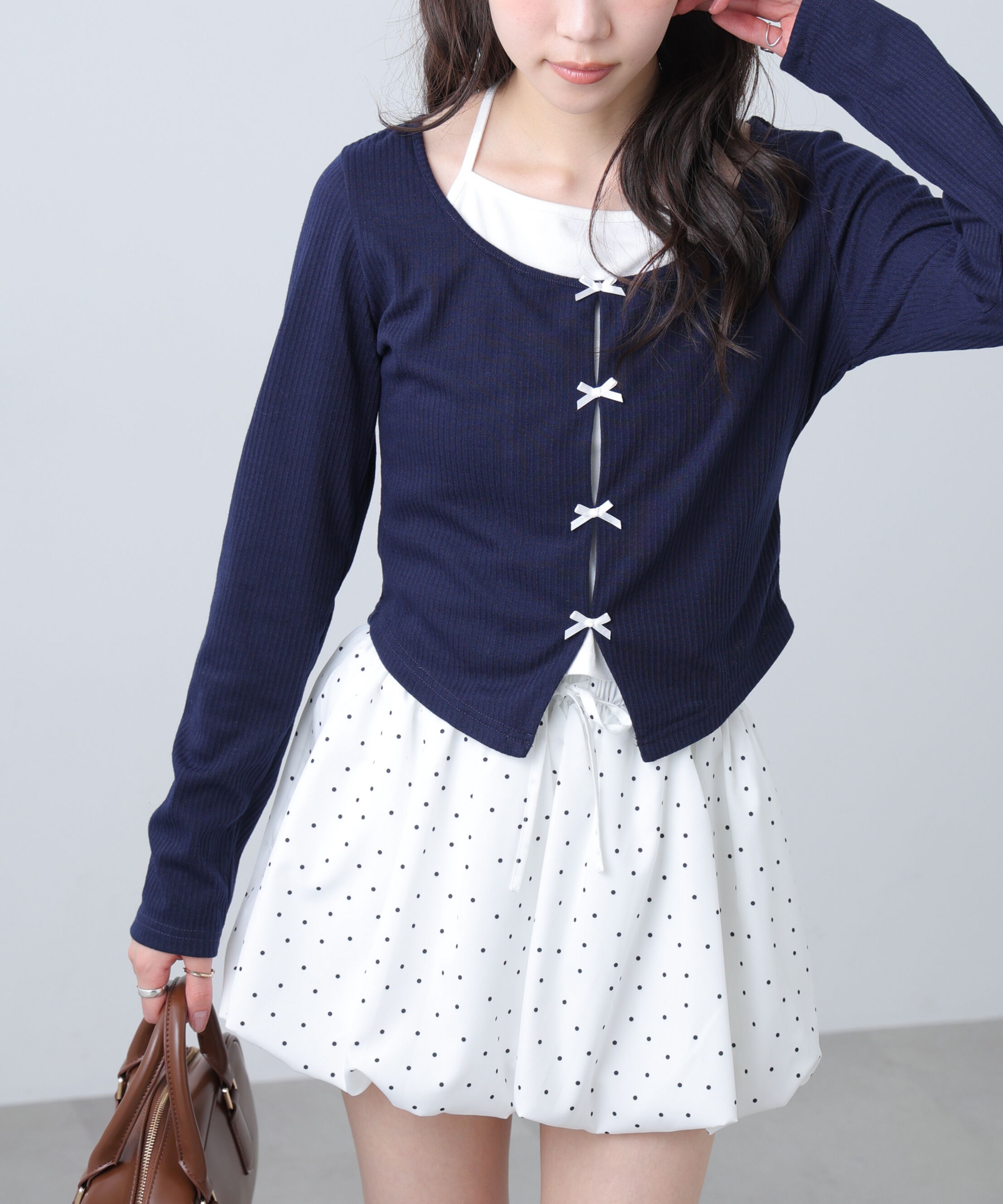  「レイヤード風リブリボンカットソー」|Tシャツ・カットソー|