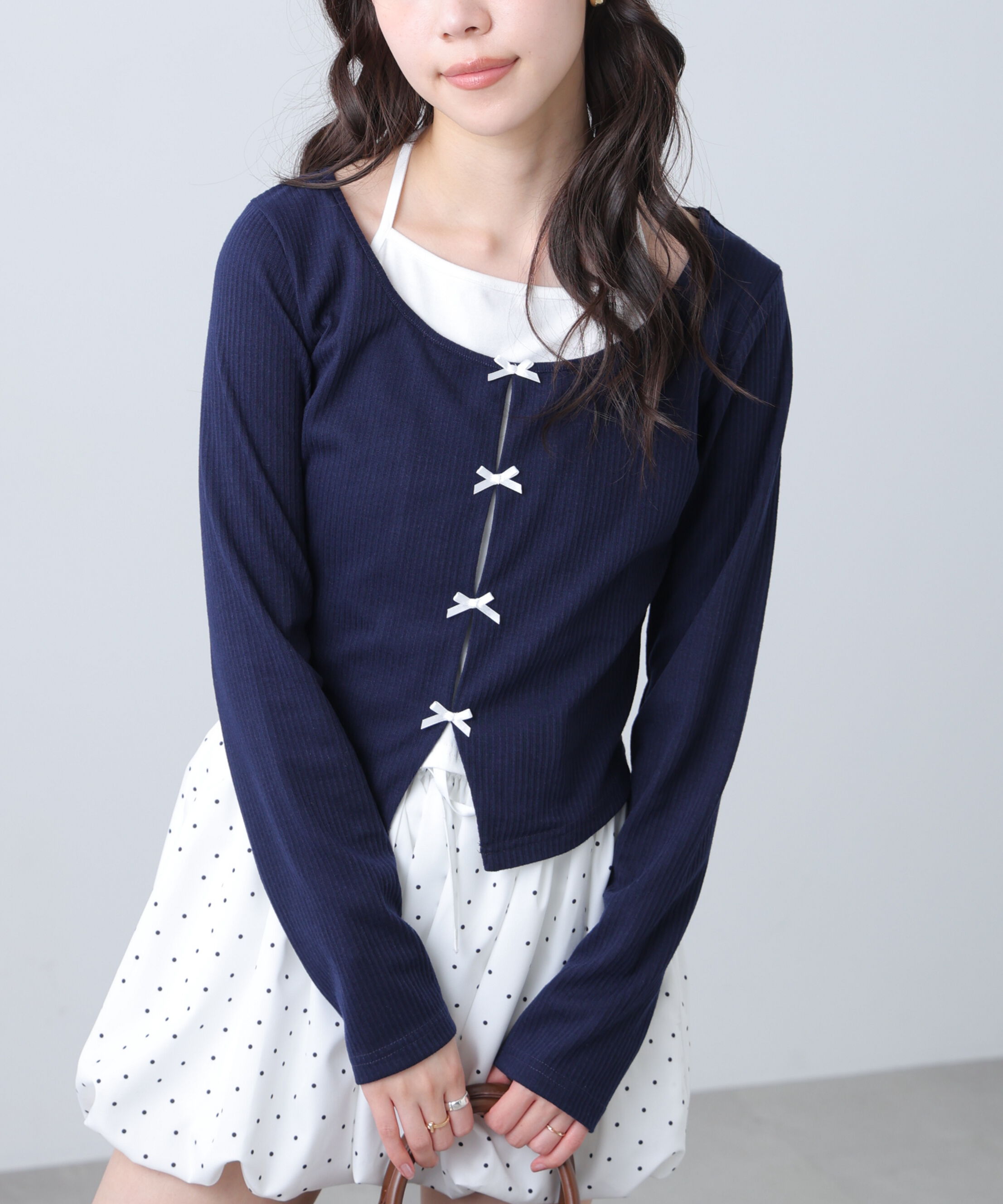  「レイヤード風リブリボンカットソー」|Tシャツ・カットソー|