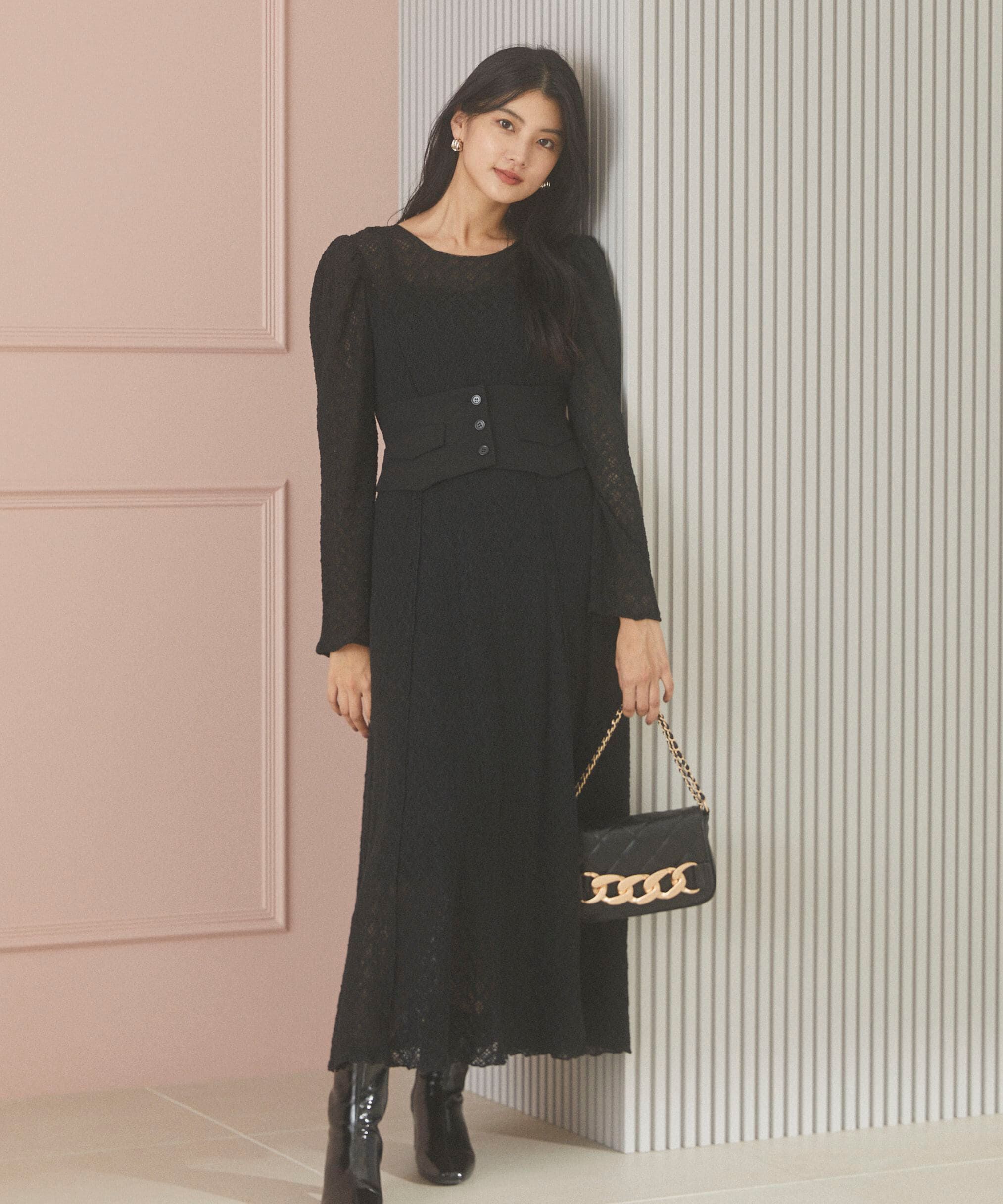 PROPORTION BODY DRESSING「コルセットベルト付きレースワンピース　24AW」|ワンピース|ブラック