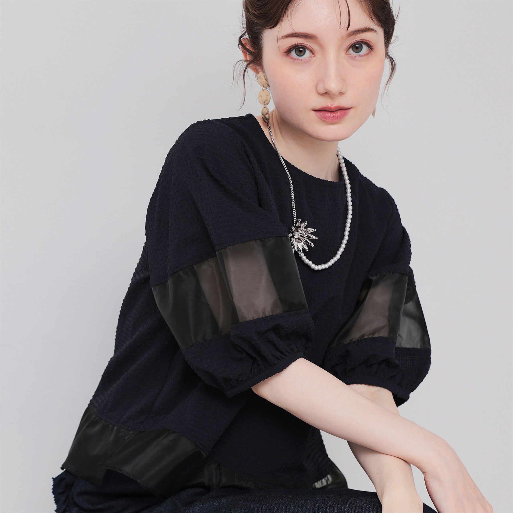 SunaUna「【7分袖】ボリュームパフスリーブ袖トップス」|シャツ・ブラウス|ネイビー(094)