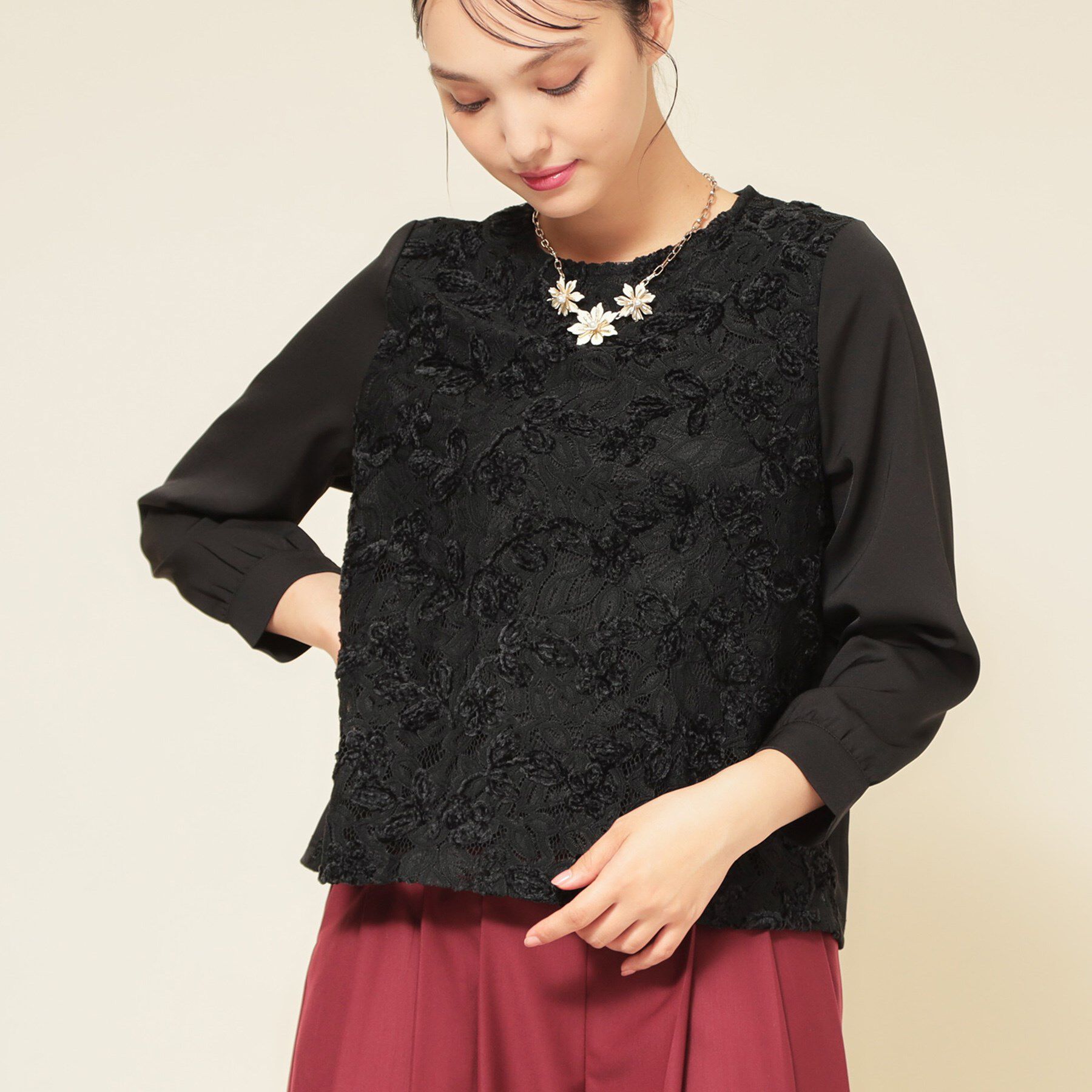 SunaUna「【モールレース／セットアップ可】パフスリーブブラウス」|シャツ・ブラウス|ブラック(019)