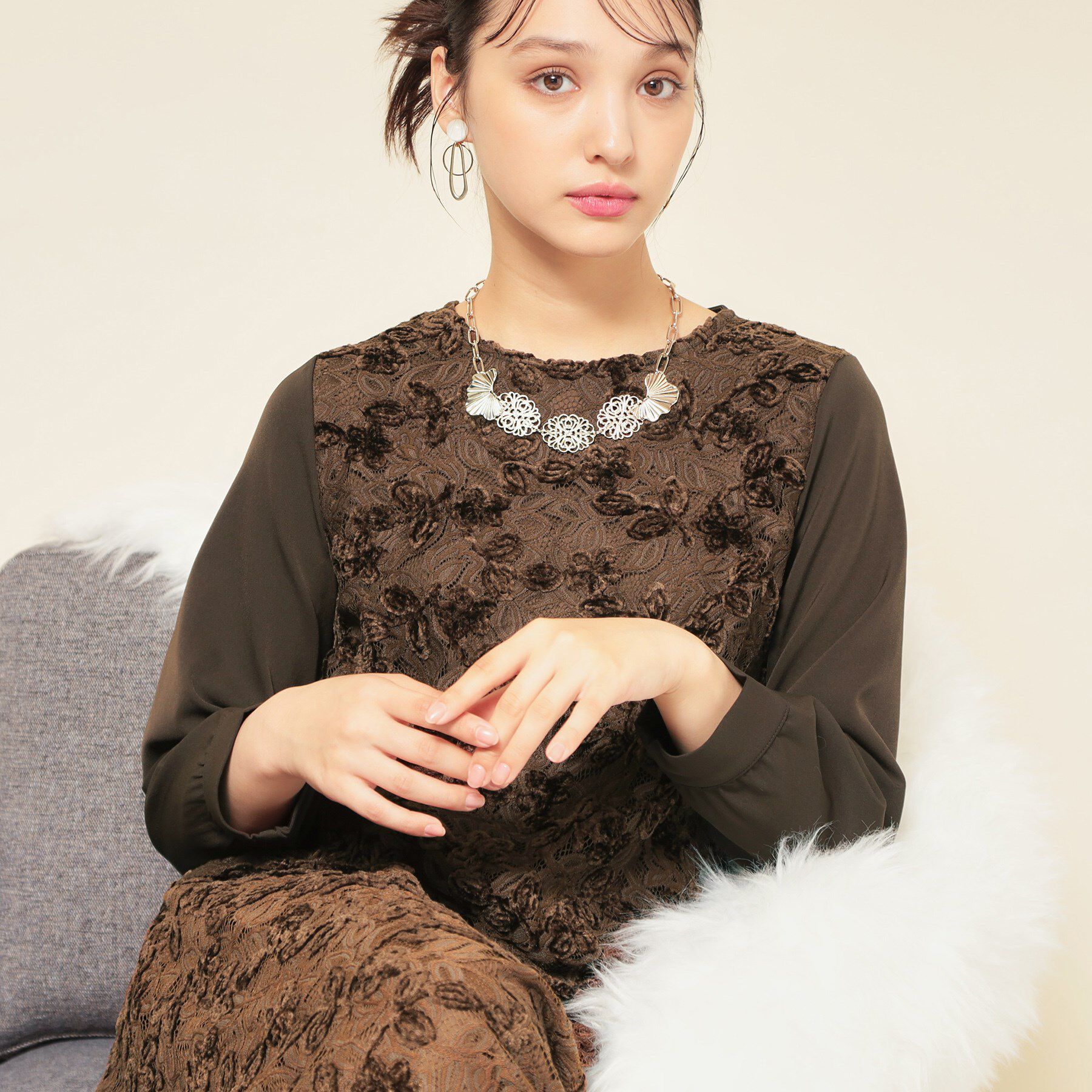 SunaUna「【モールレース／セットアップ可】パフスリーブブラウス」|シャツ・ブラウス|ブラウン(045)