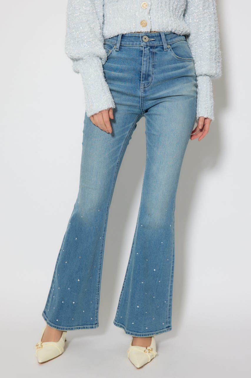 rienda「ビジュージャストウエストフレアデニムパンツ」|デニム|L/BLU1