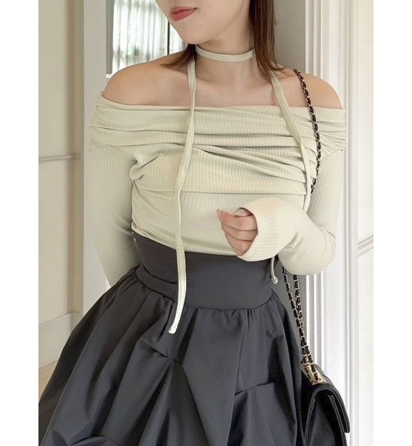 dazzlin「チョーカー付きオフショルドレープ長袖トップス」|Tシャツ・カットソー|グリーン