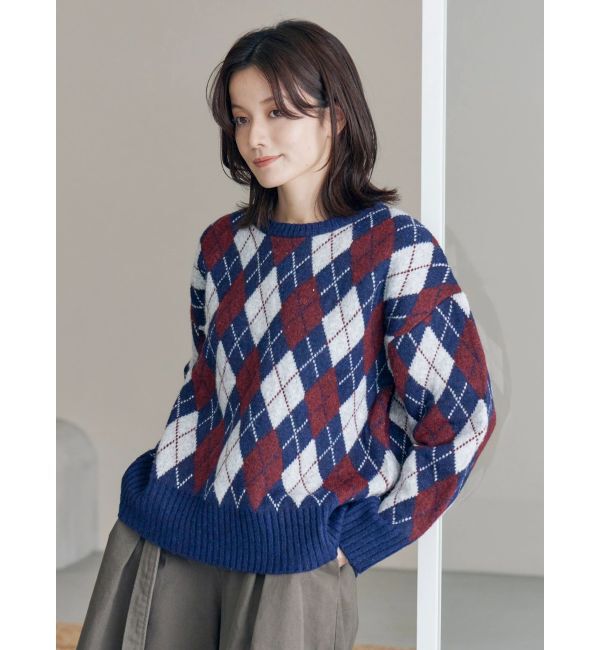 Ungrid「アーガイルルーズニット」|ニット・セーター|ネイビー