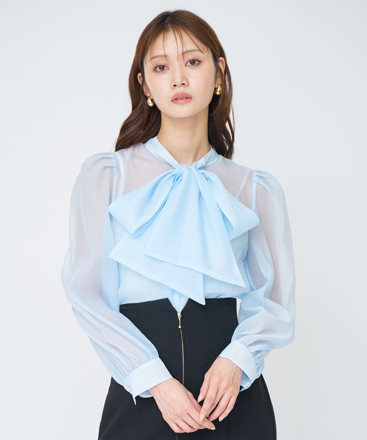 アンドクチュール「シアーボウタイブラウス」|シャツ・ブラウス|ブルー