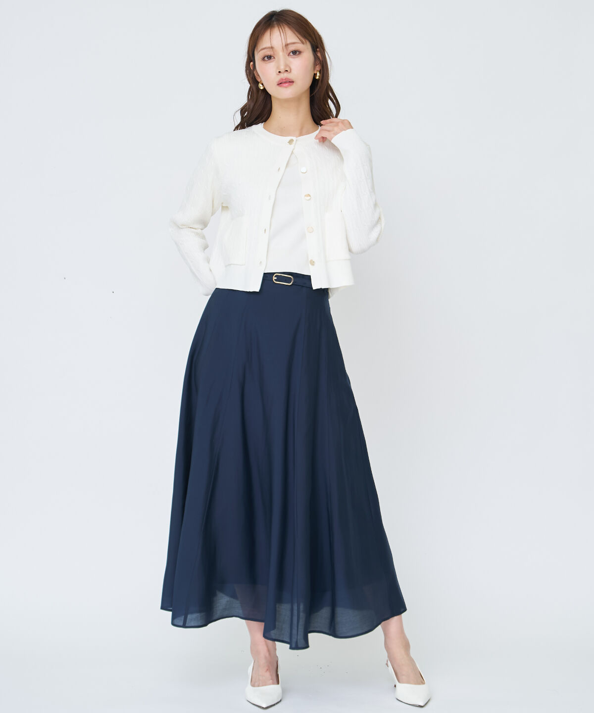 アンドクチュール「ベルト付きシアーフレアスカート」|フレア|ネイビー