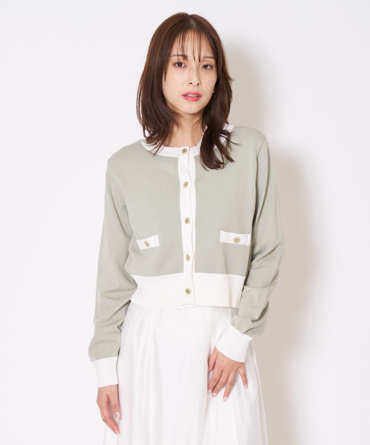 アンドクチュール「バイカラーニットアンサンブル」|カーディガン|グリーン