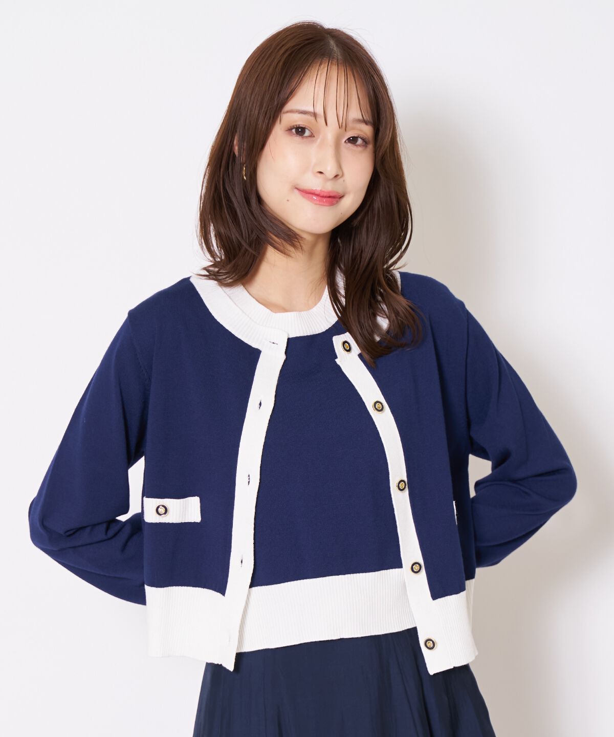 アンドクチュール「バイカラーニットアンサンブル」|カーディガン|ネイビー