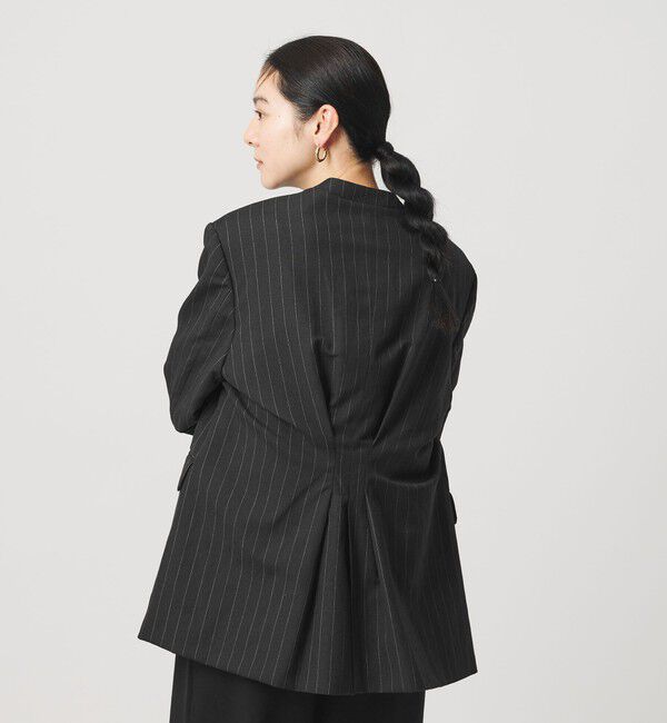 BEAUTY&YOUTH UNITED ARROWS「麻ブレンド ストライプ カラーレス ジャケット」|ノーカラージャケット|BLACK