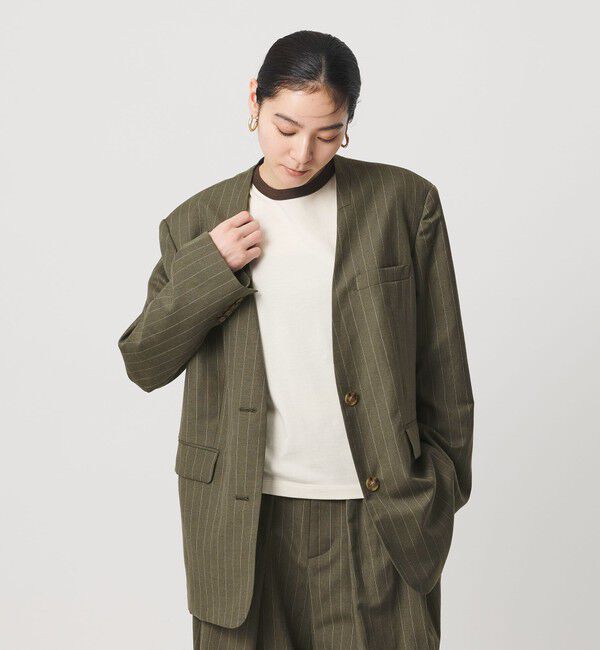 BEAUTY&YOUTH UNITED ARROWS「麻ブレンド ストライプ カラーレス ジャケット」|ノーカラージャケット|