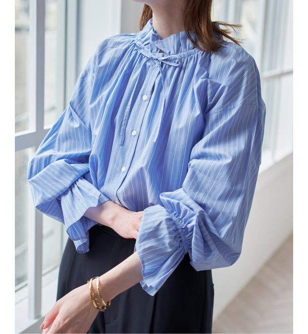 SLOBE IENA「《一部WEB・店舗限定カラーあり》タイプライターフリルカラーブラウス」|シャツ・ブラウス|サックスブルー B