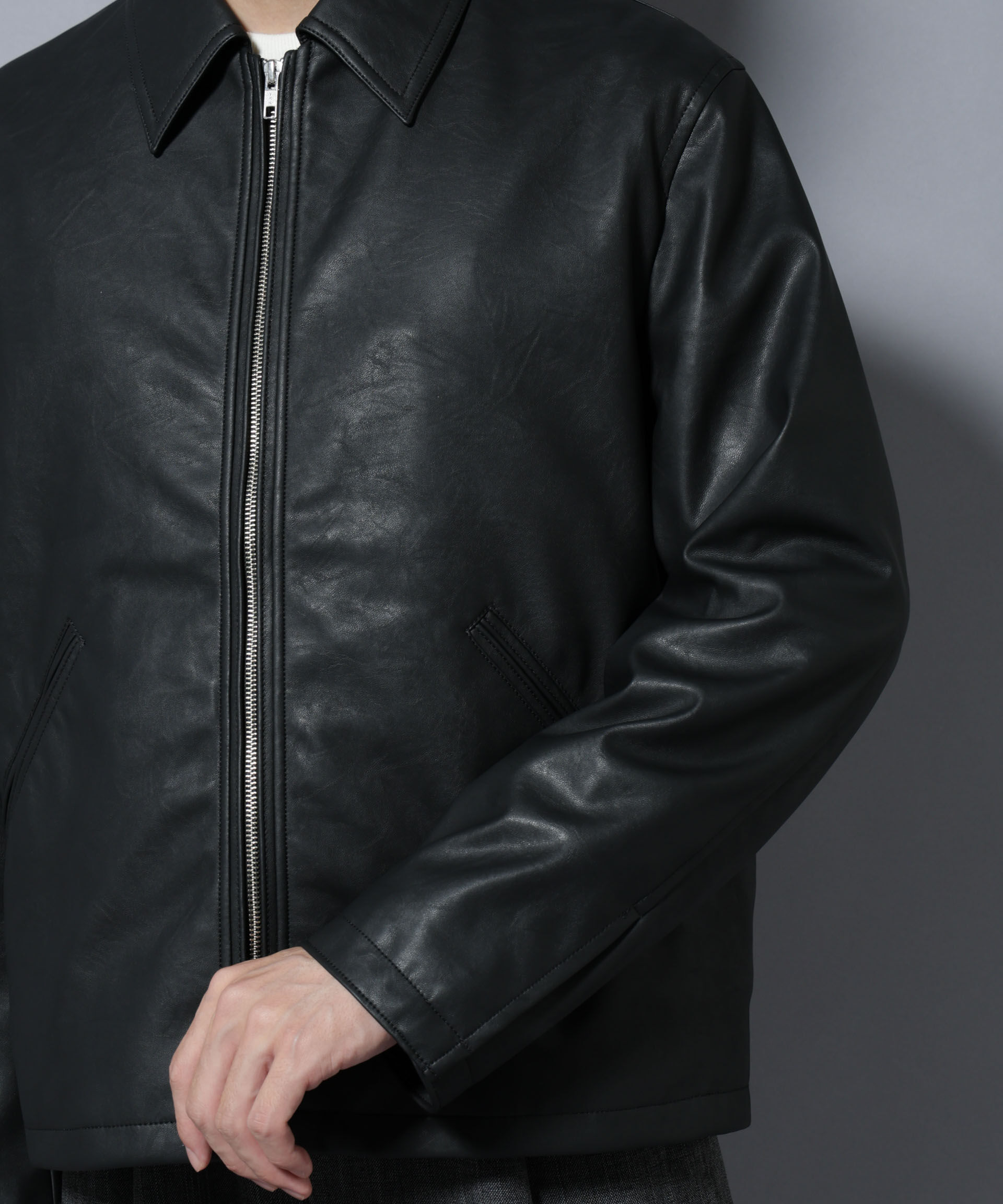 nano･universe「ヴィンテージライクフェイクレザー スポーツジャケット」|ブルゾン・スタジャン|