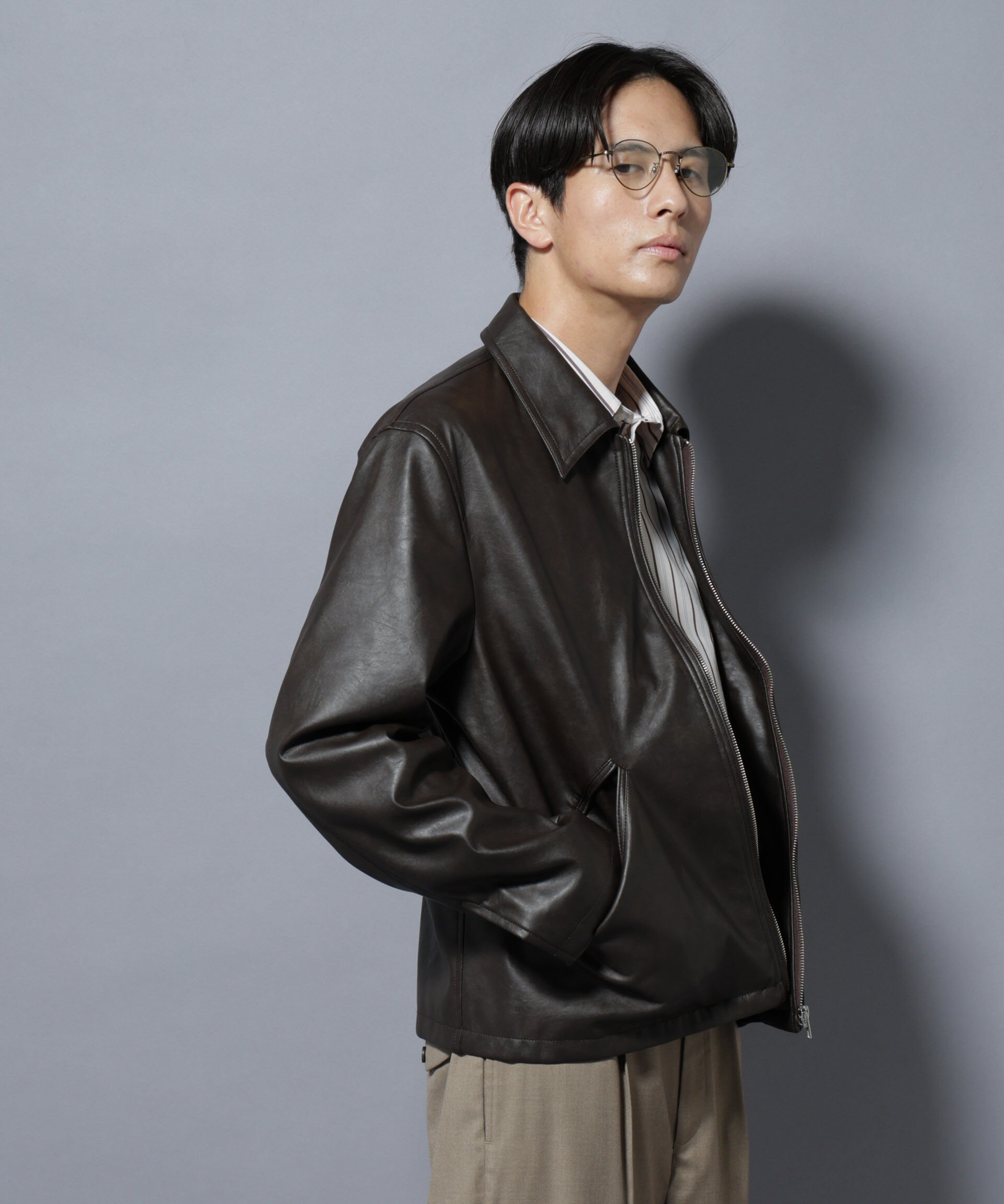 nano･universe「ヴィンテージライクフェイクレザー スポーツジャケット」|ブルゾン・スタジャン|ブラウン