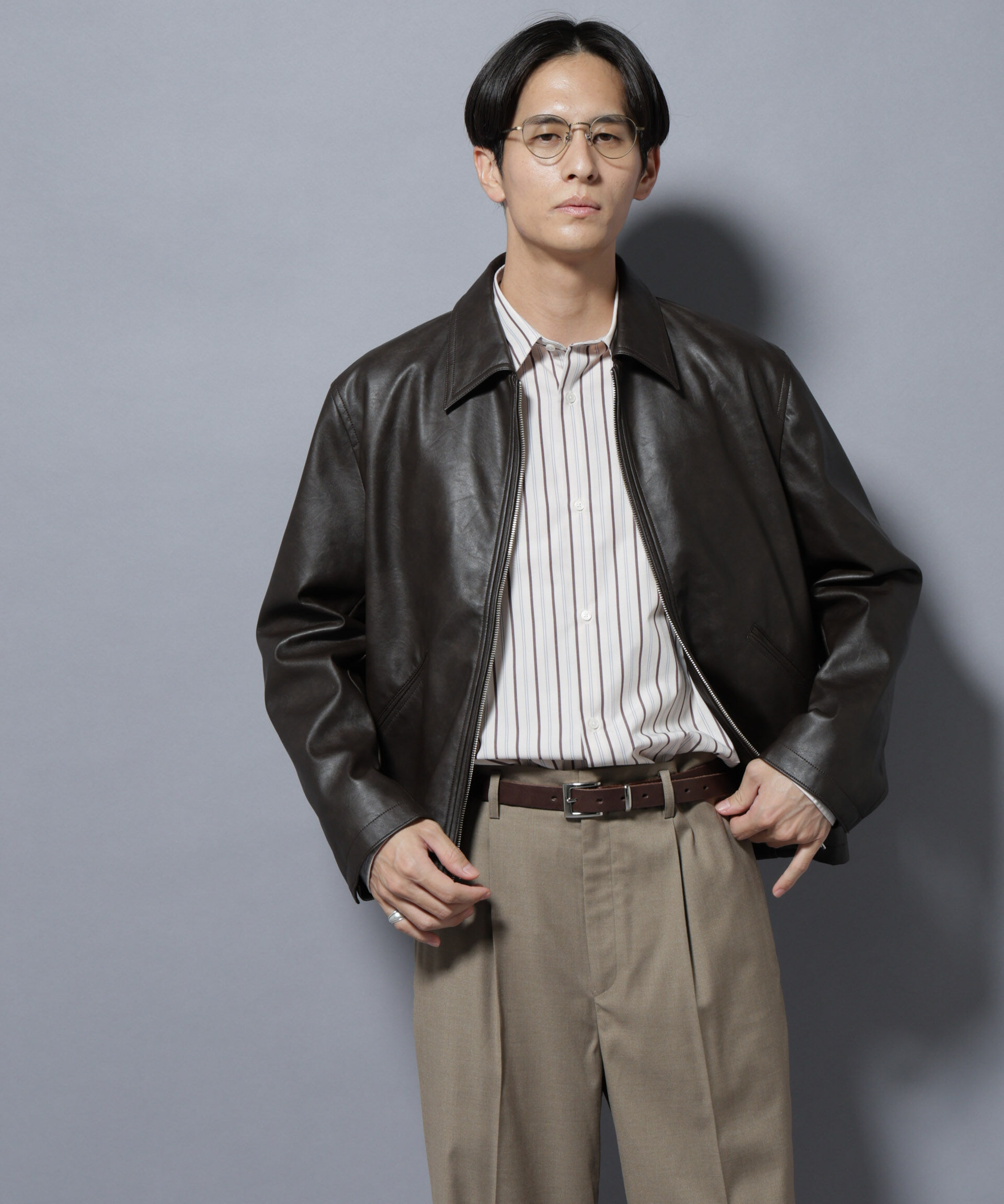 nano･universe「ヴィンテージライクフェイクレザー スポーツジャケット」|ブルゾン・スタジャン|