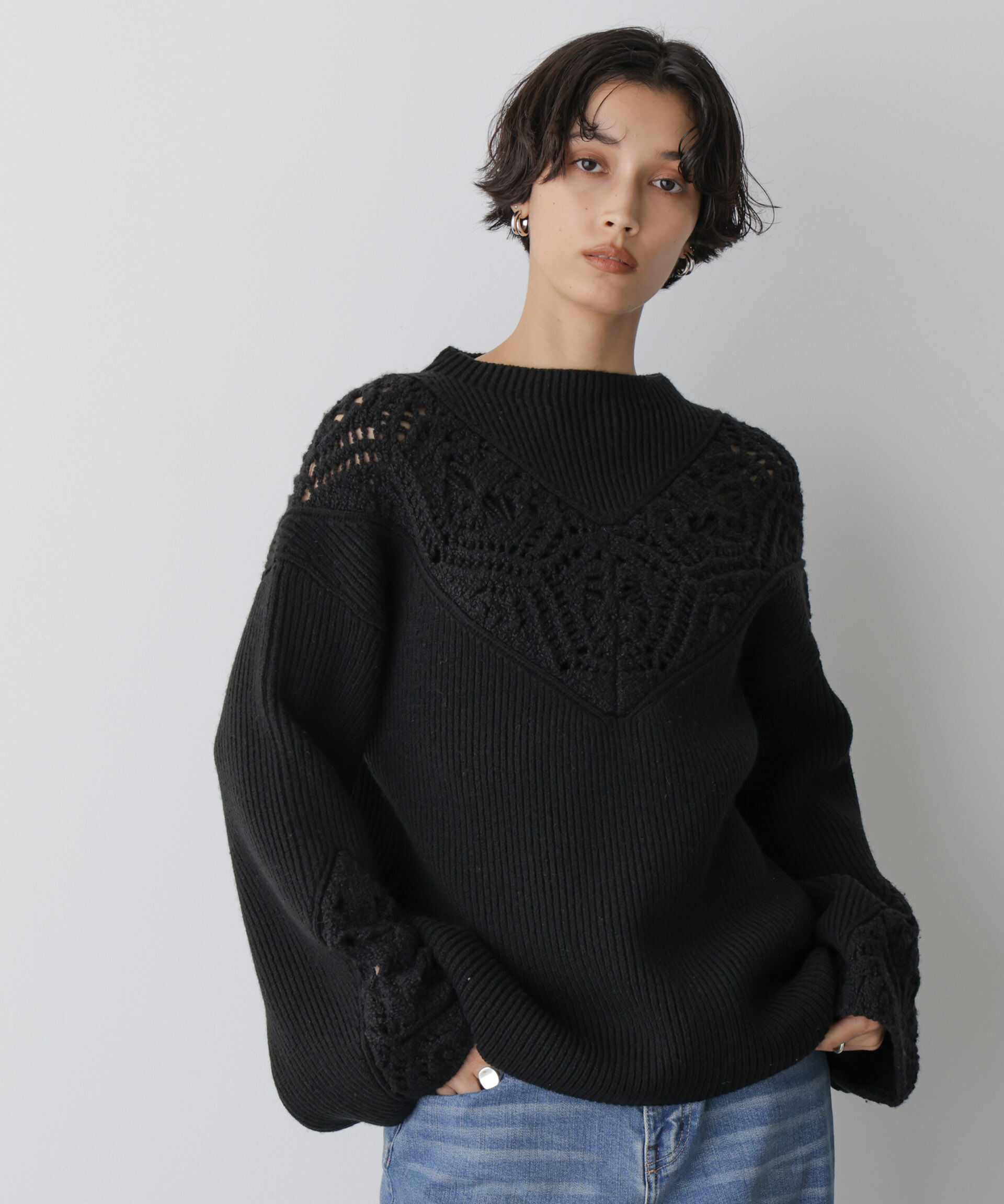  「「STEVELOUR」レースモチーフフレア袖ニット」|ニット・セーター|ブラック