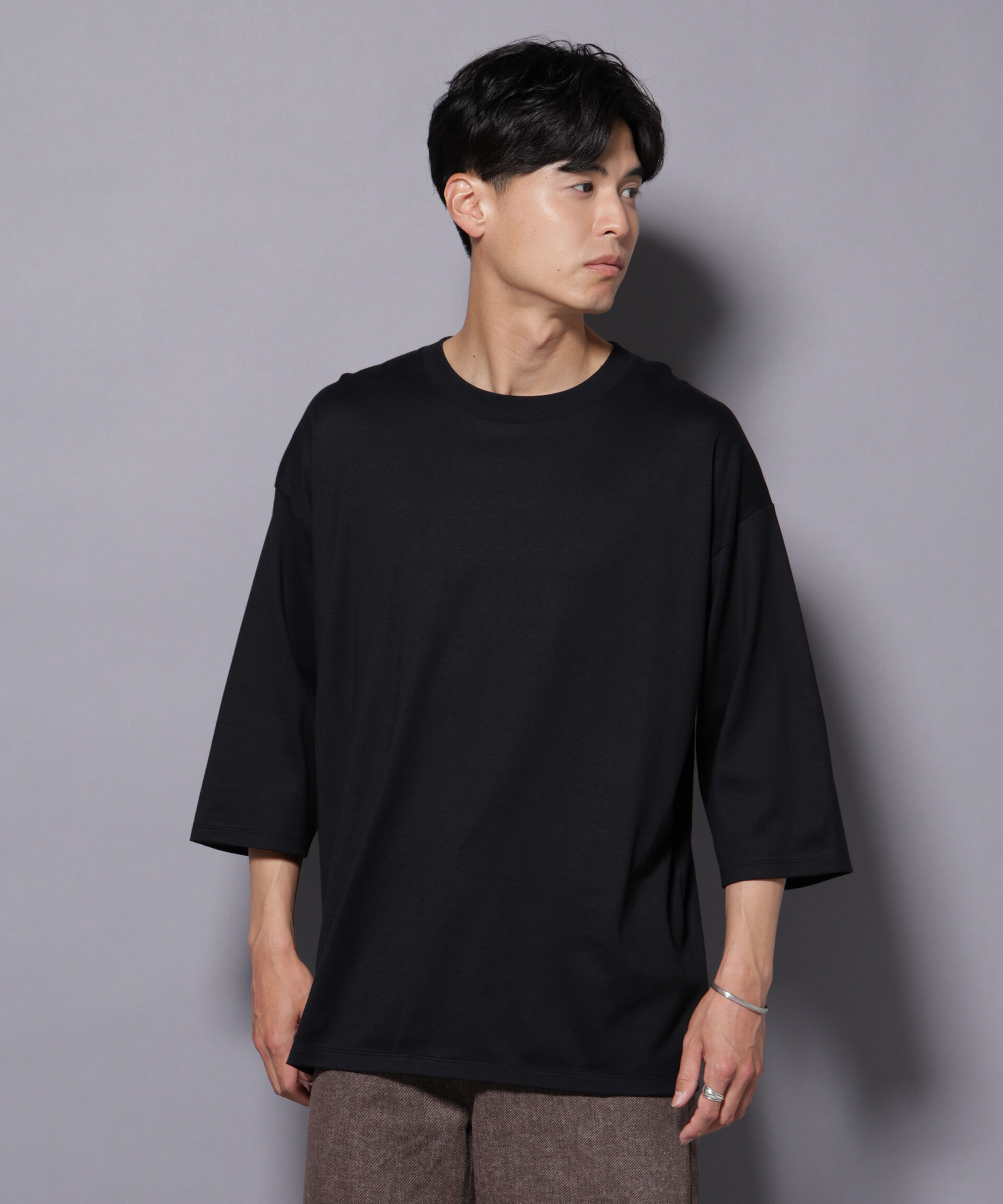 nano･universe「Anti Soaked(R) 汗染み防止 クルーネックワイドTシャツ七分袖」|Tシャツ・カットソー|ブラック