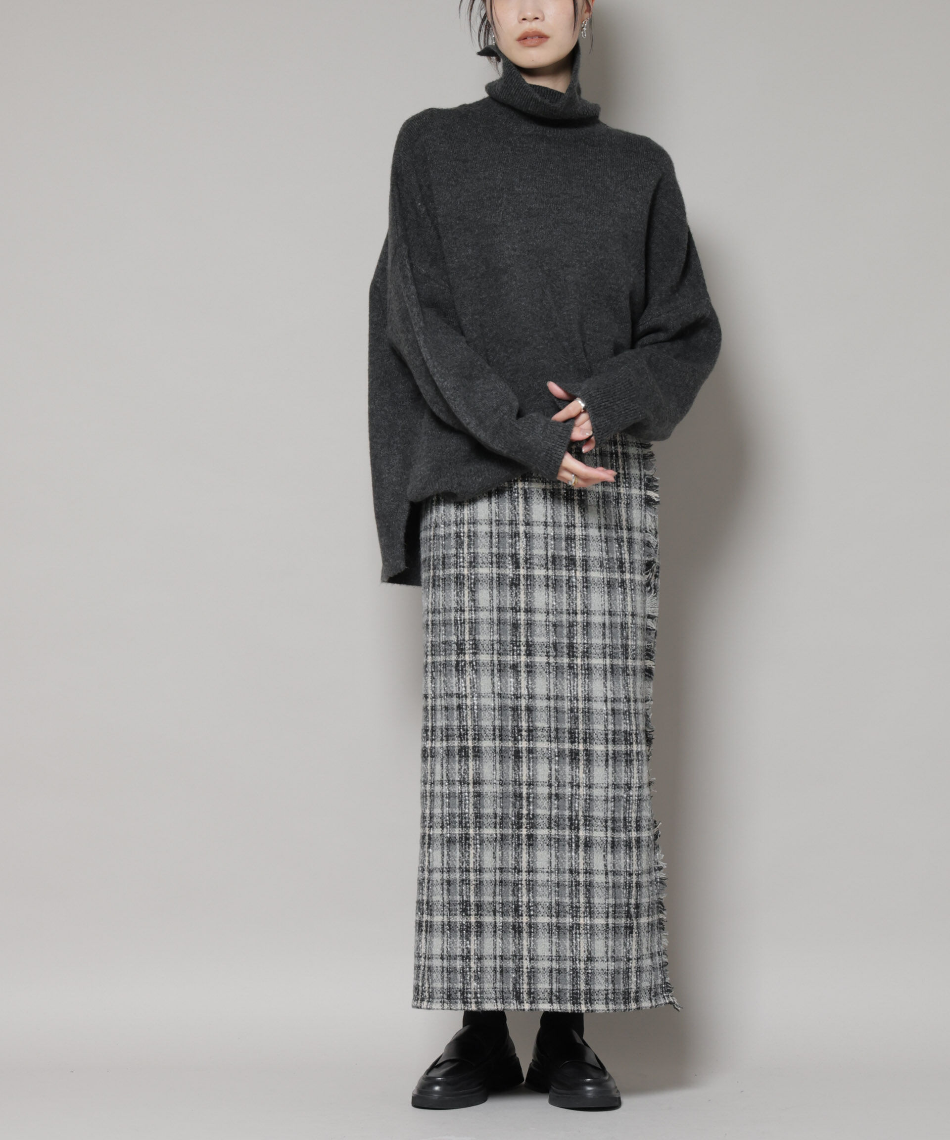 nano･universe「チェックフリンジラップ風スカート(セットアップ可)」|スカート|ブラック