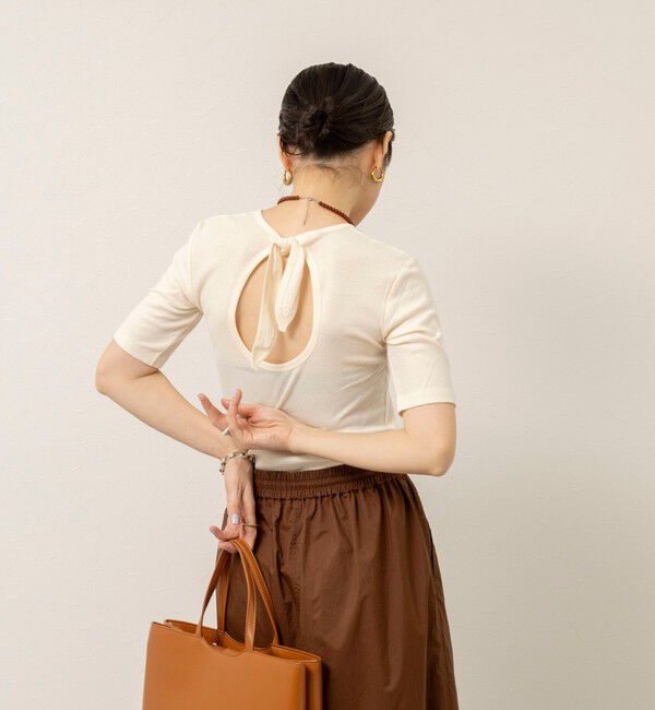 MAQWEL「【MAQWEL/マクウェル】ウォッシャブルバックリボン五分袖プルオーバー」|Tシャツ・カットソー|