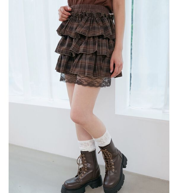  「ウエストリブ裾レースフリルミニスカート」|スカート|