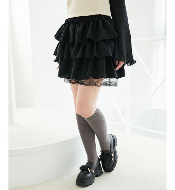  「ウエストリブ裾レースフリルミニスカート」|スカート|