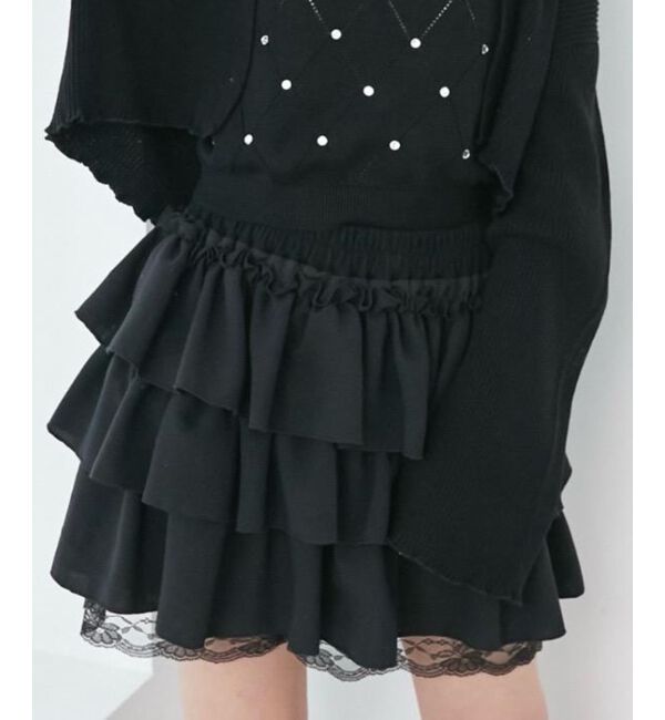  「ウエストリブ裾レースフリルミニスカート」|スカート|ブラック
