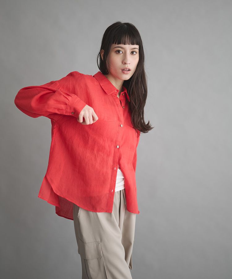 GARAGE OF GOOD CLOTHING「リネン切り替えポケットショート丈シャツ」|シャツ・ブラウス|Red