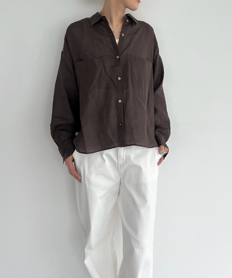 GARAGE OF GOOD CLOTHING「リネン切り替えポケットショート丈シャツ」|シャツ・ブラウス|Brown
