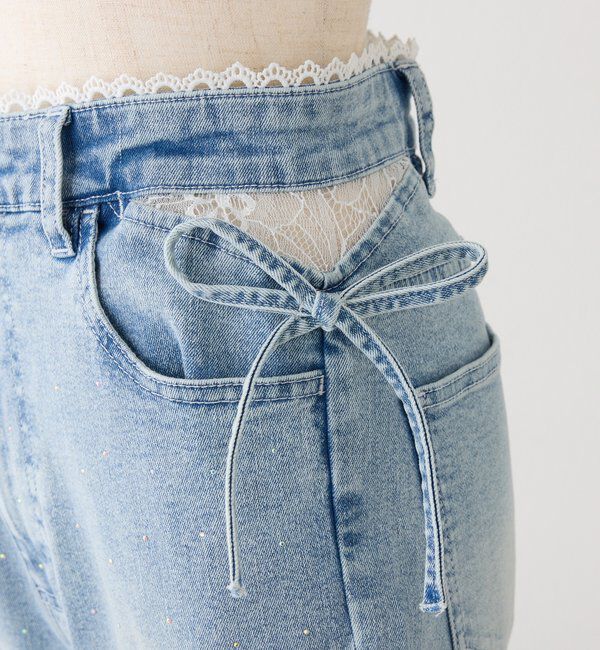  「【選べる4サイズ】サイドカットレース美脚ビジューデニム」|その他|