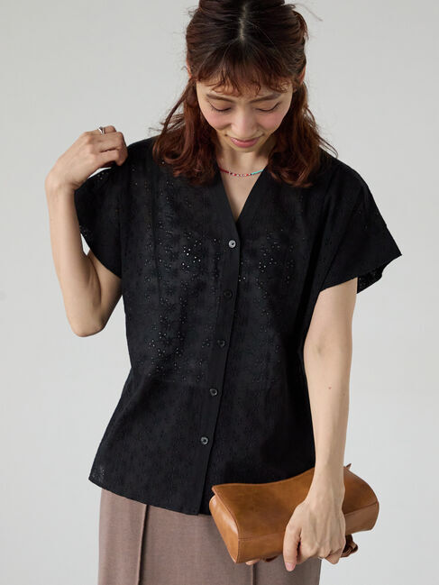 Lugnoncure「シフリー刺繍前開きブラウス」|シャツ・ブラウス|ブラック